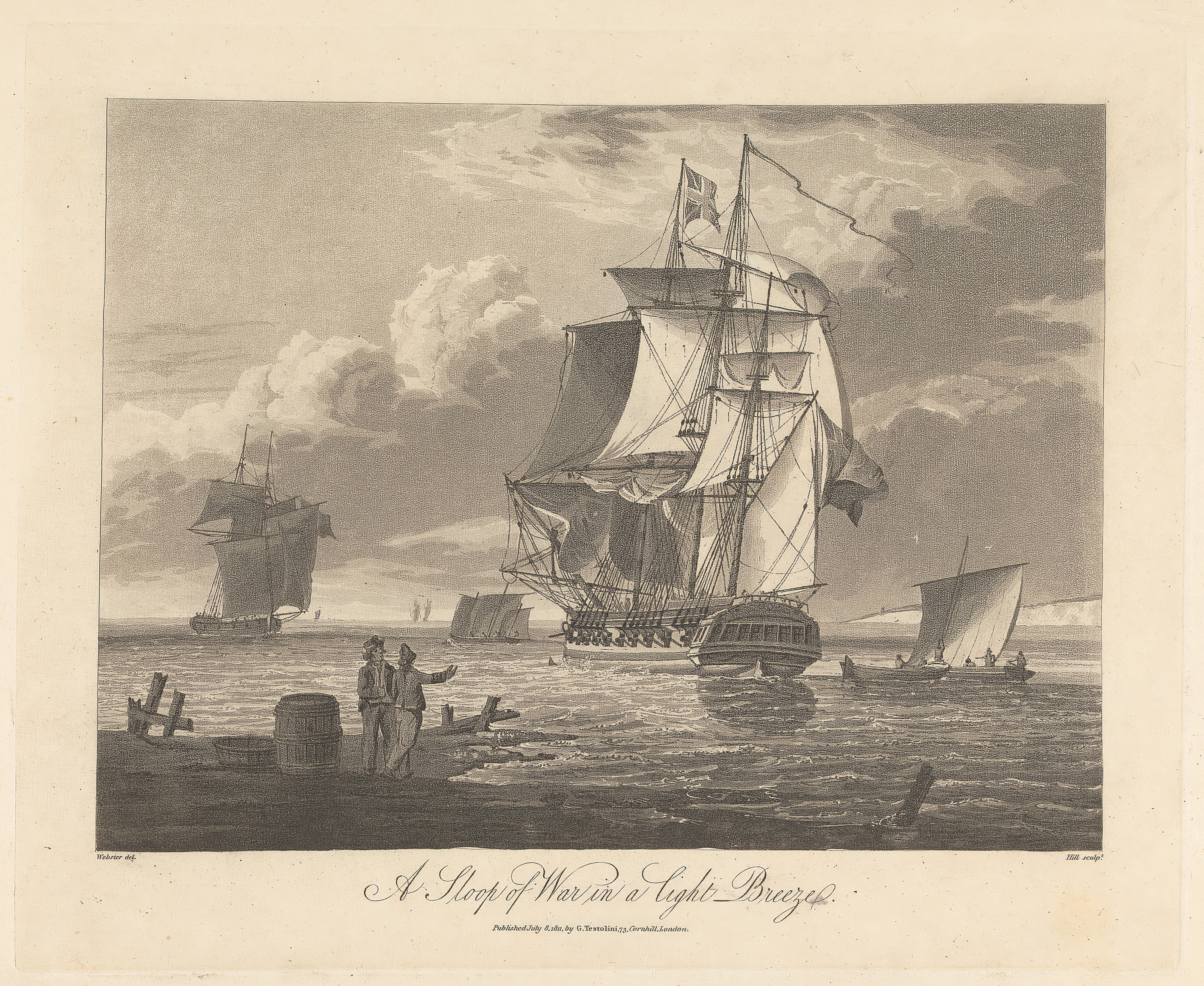 A Sloop of War in a Light Breeze, J. Hill, active 19th century, after George Webster, 1797–1864, British, Published by Gaetano Testolini, active 1760–1811, James John Hill, 1811–1882, British, 1811, Aquatint on moderately thick, moderately textured,