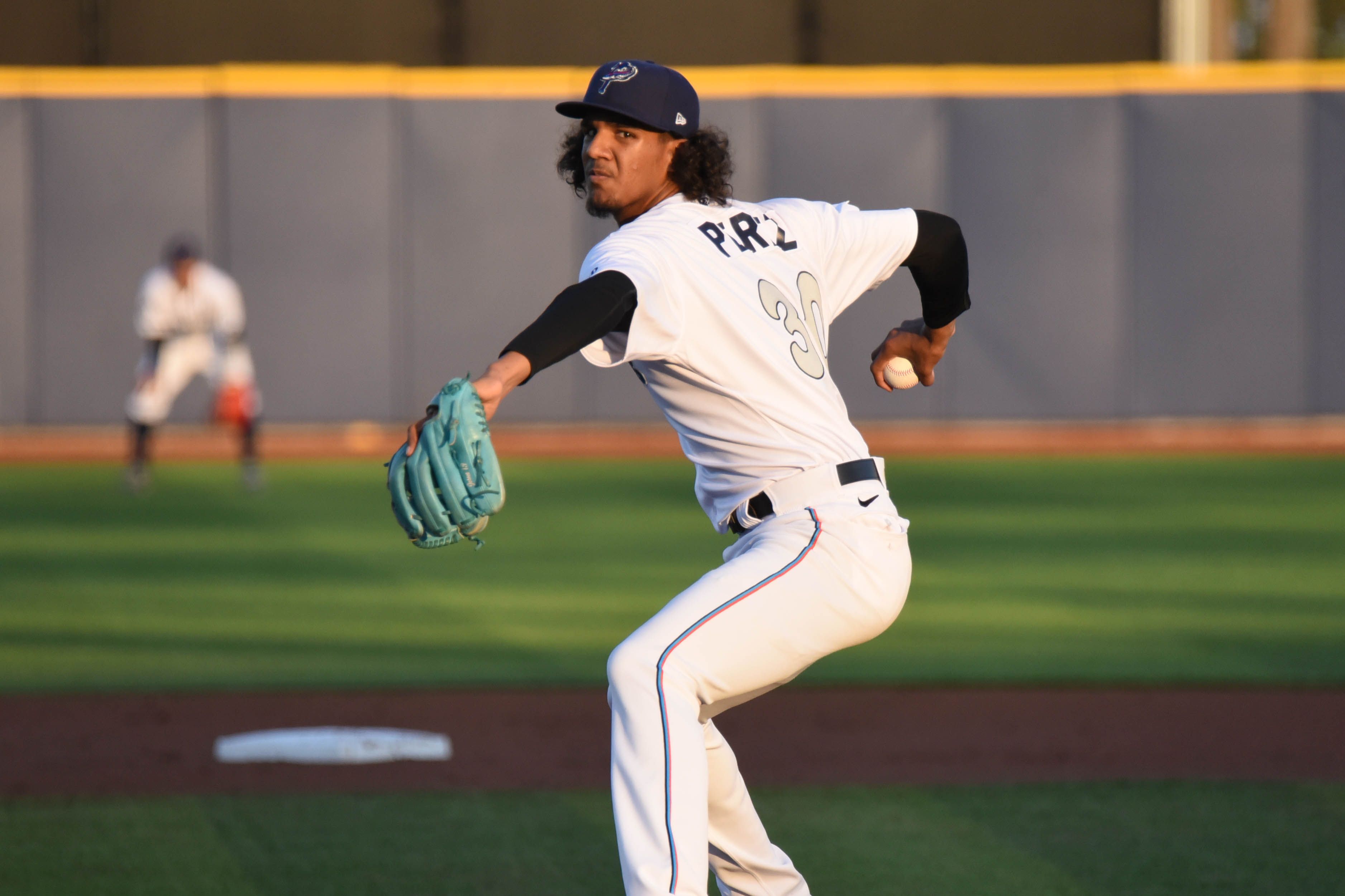 Right-hander Eury Pérez pitching for the Pensacola Blue Wahoos, Double-A affiliate of the Miami Marlins