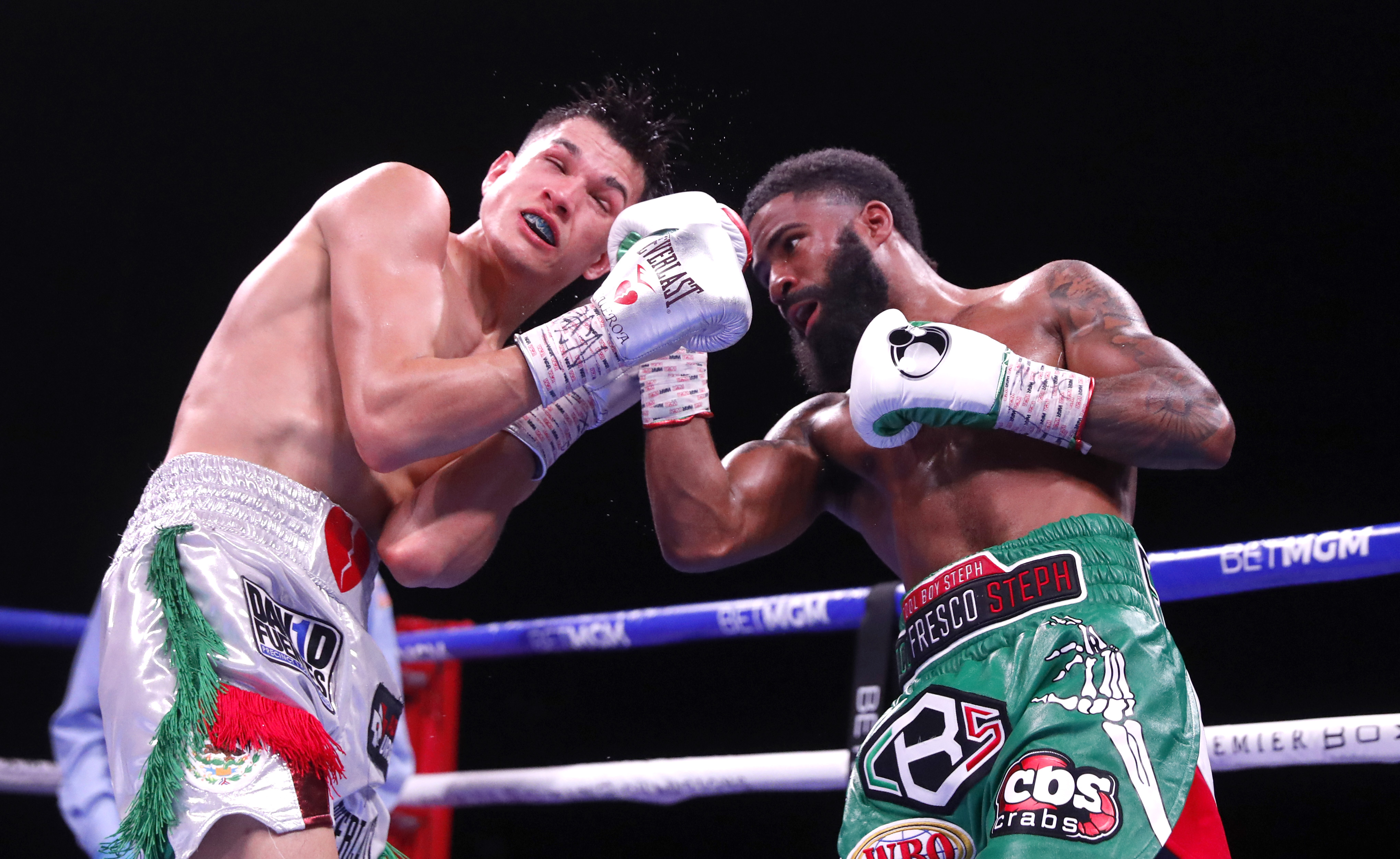 WBO champion Stephen Fulton Jr. (R) punches WBC champion Brandon Figueroa during a super bantamweight title unification fight at the Dolby Live at Park MGM theater on November 27, 2021 in Las Vegas, Nevada. Fulton Jr. won the WBC title from Figueroa by majority decision.