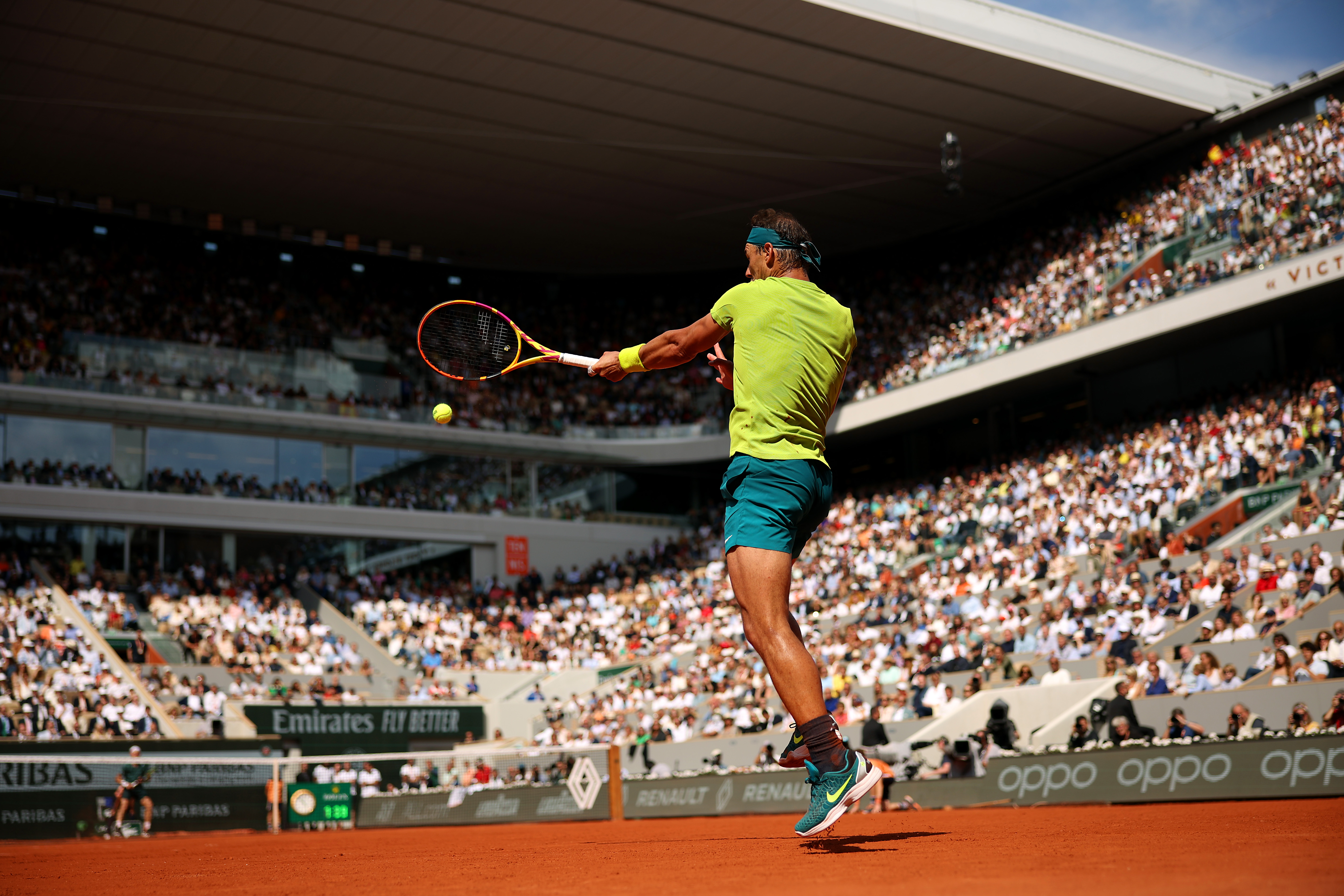 Rafael Nadal of Spain plays a forehand against Casper Ruud of Norway during the Men’s Singles Final match on Day 15 of The 2022 French Open at Roland Garros on June 05, 2022 in Paris, France.