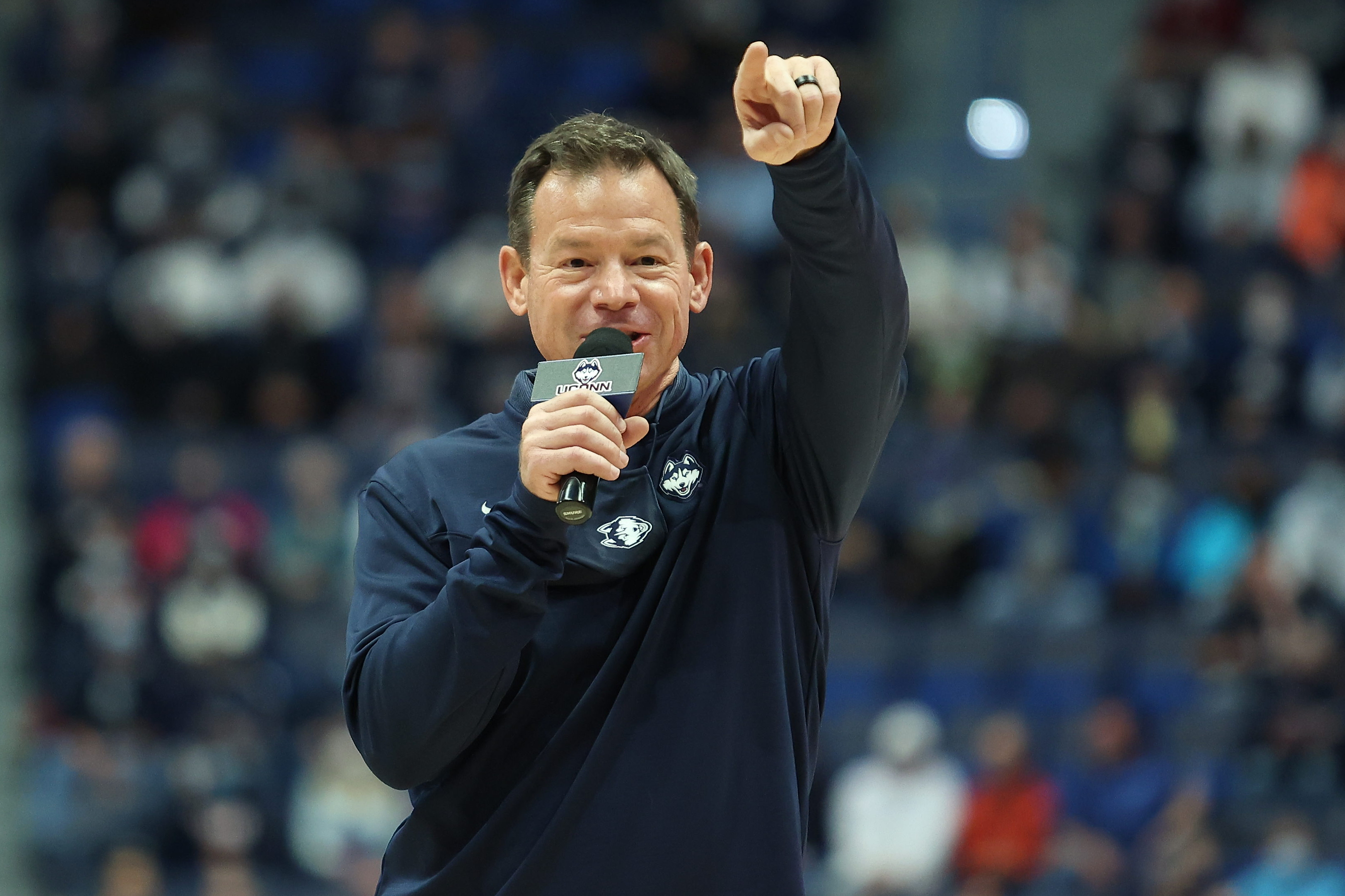 New UConn football coach Jim Mora, Jr. speaks to the crowd at the UConn women’s basketball game at the XL Center on Sunday, November 14, 2021.