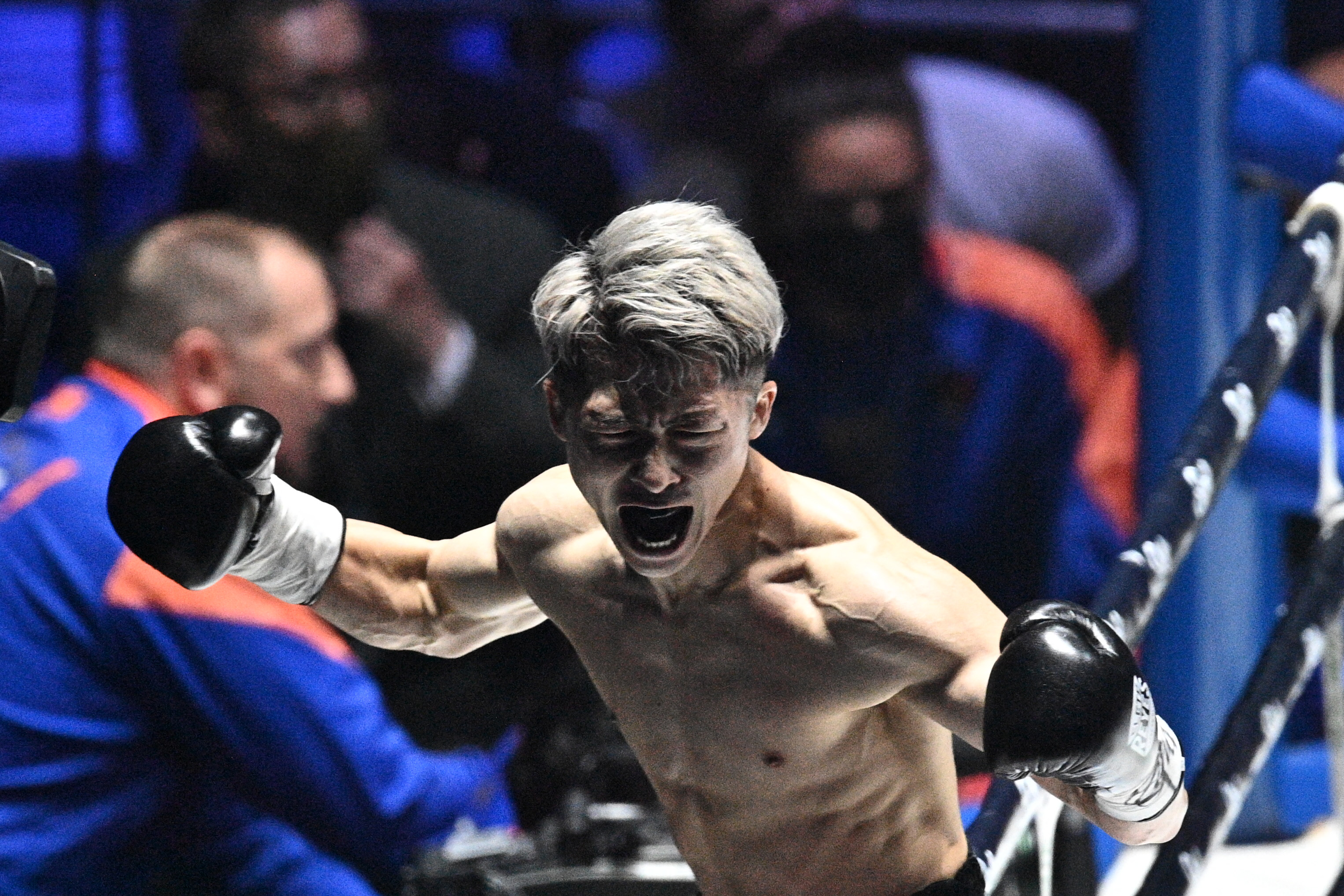 Naoya Inoue celebrates after knocking out Nonito Donaire in their rematch.