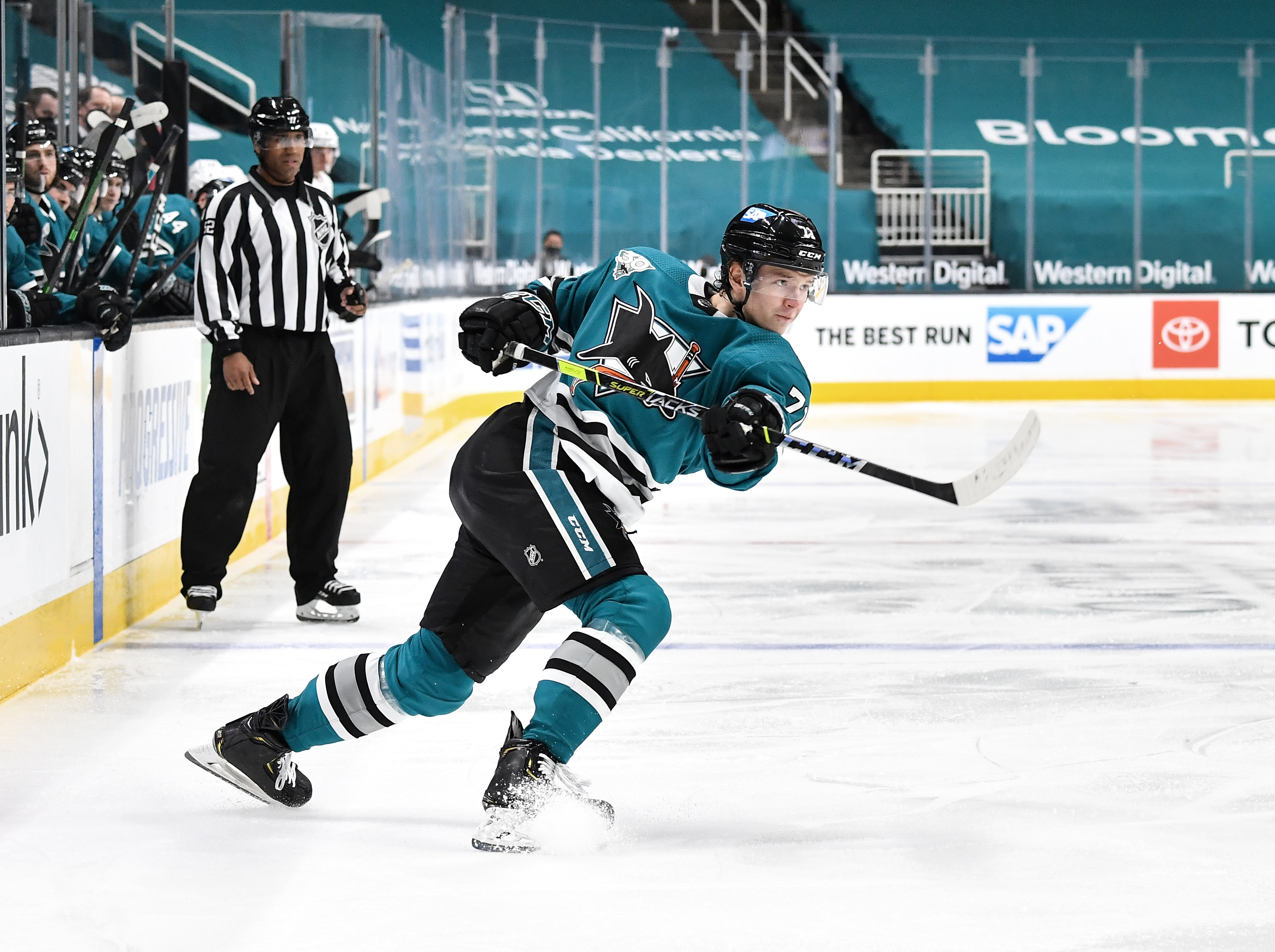 Nikolai Knyzhov #71 of the San Jose Sharks takes a shot on goal against the Arizona Coyotes at SAP Center on May 8, 2021 in San Jose, California.