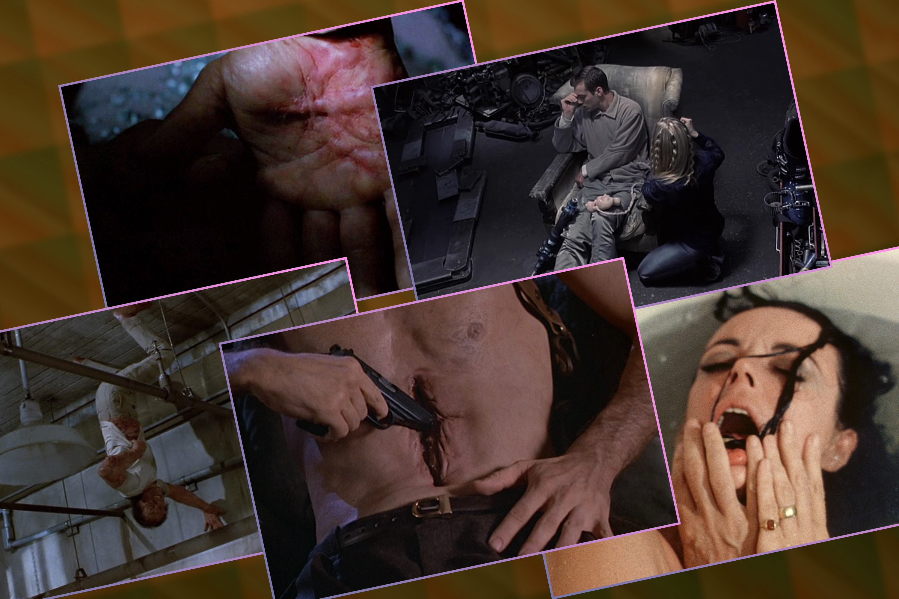 A collage image of five examples of body horror in David Cronenberg’s films.
