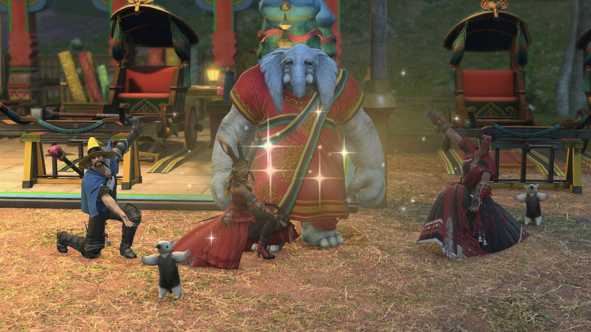 Three Final Fantasy XIV characters present an Arkasodara tribe member, who resembles an elephant
