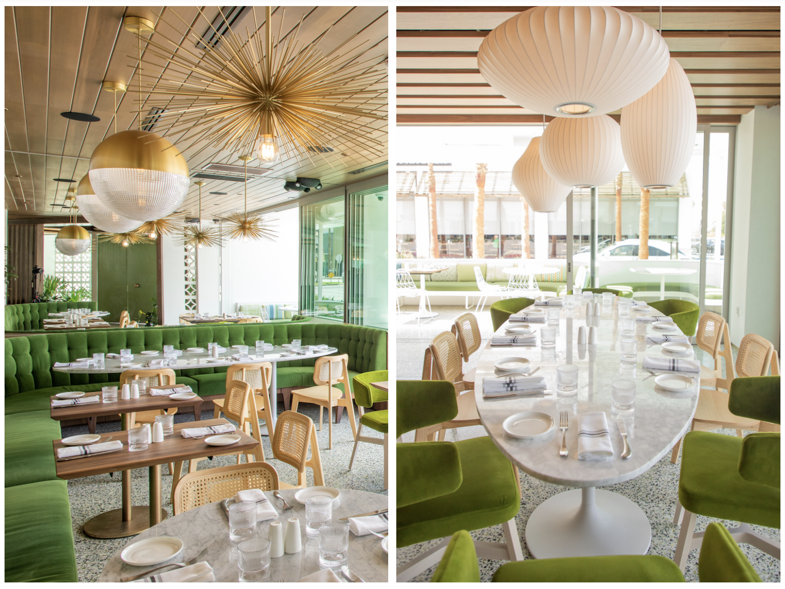 Two side by side images of a bright green booth setup and wooden tables at a new restaurant.