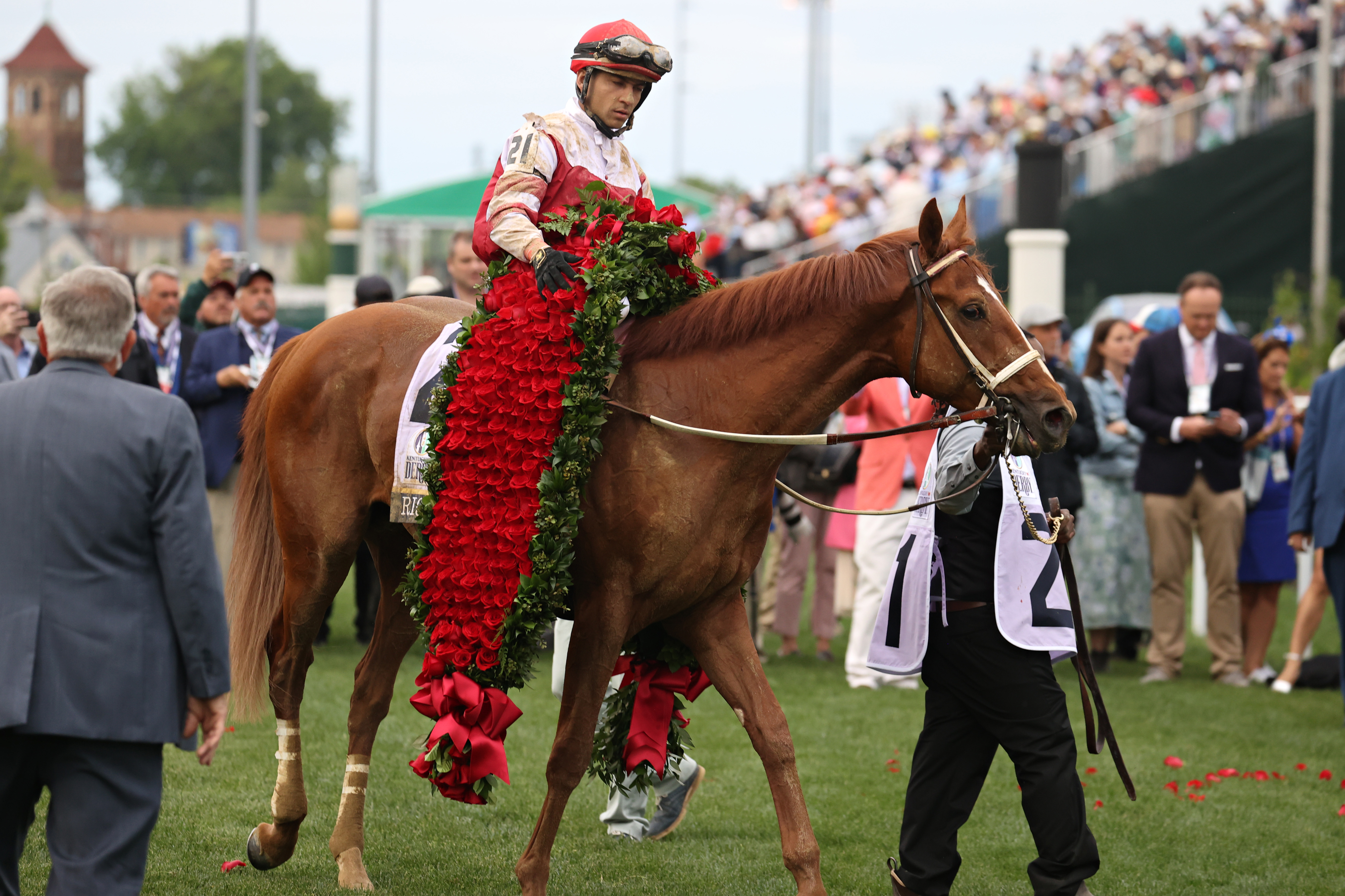Jockey Sonny Leon aboard Rich Strike is paraded in the winner’s circle after winning the148th running of the Kentucky Derby on May 7th, 2022, at Churchill Downs in Louisville, Kentucky.