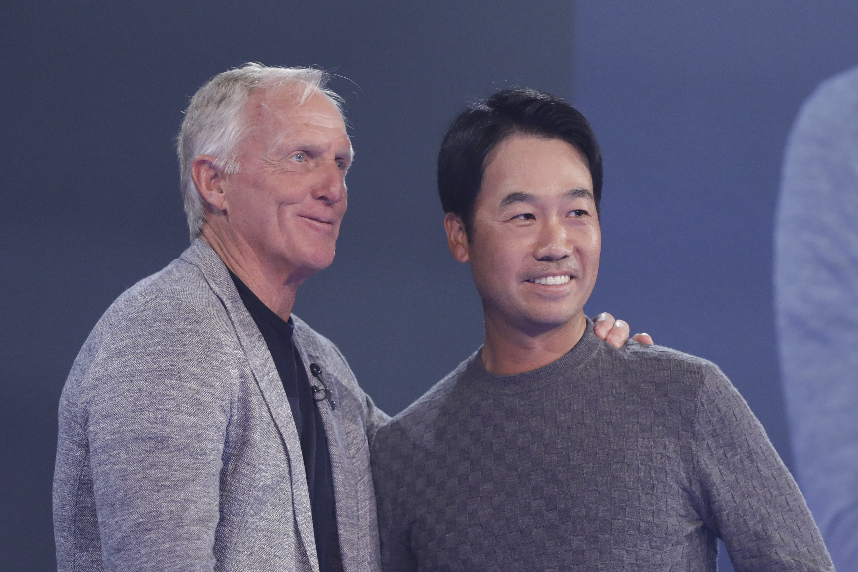 Greg Norman poses for a photograph with Kevin Na during the LIV Golf Invitational - London Draft on June 07, 2022 in London, England.