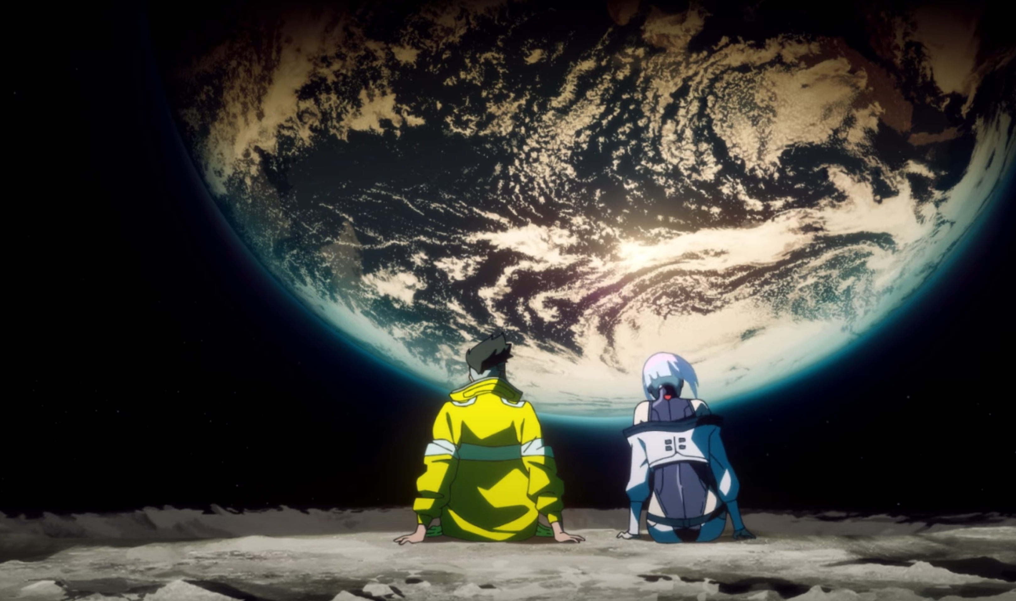Two characters from Cyberpunk: Edgerunners sit looking at Earth