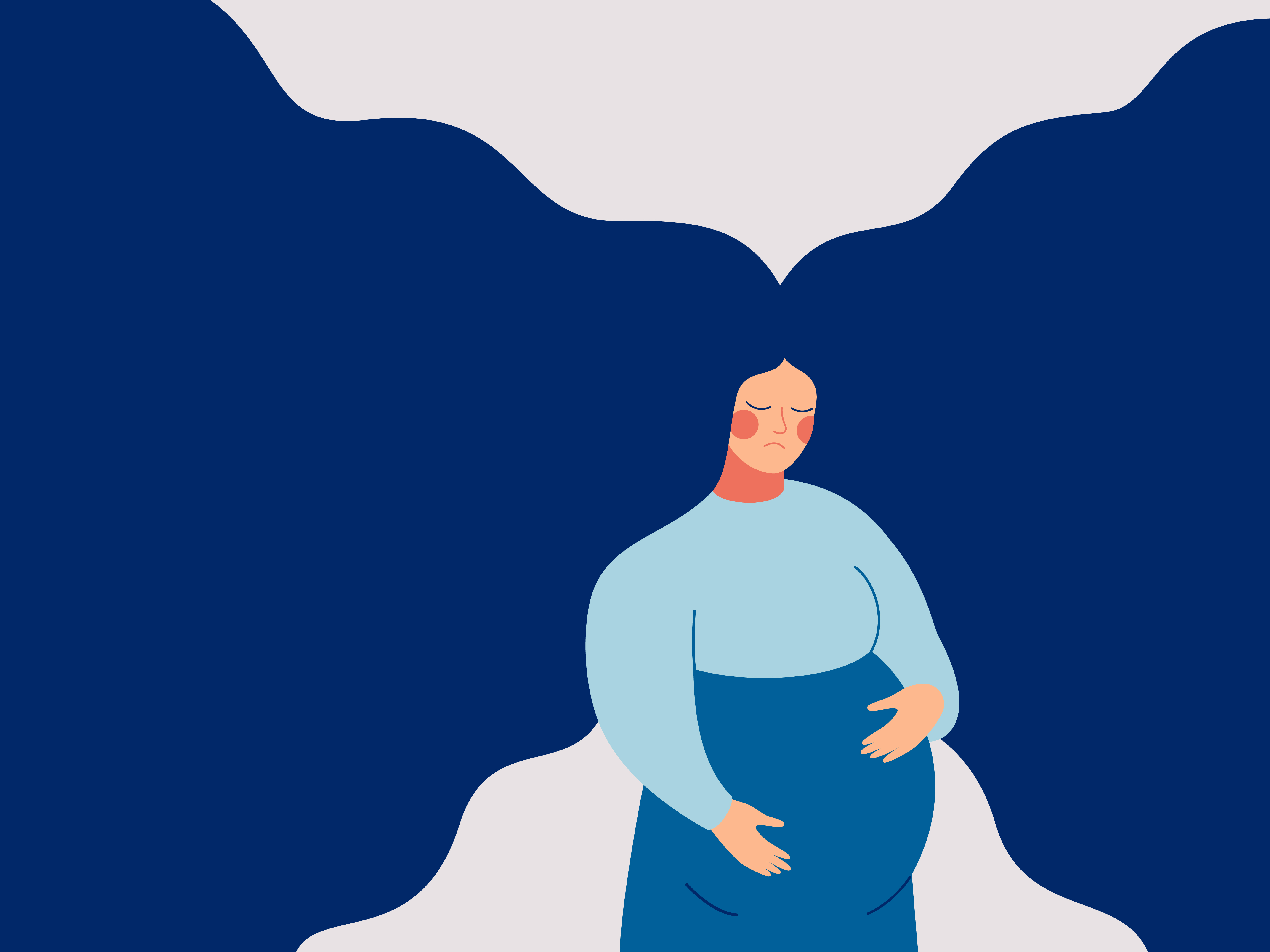 An illustration of a sad pregnant woman holding her belly.
