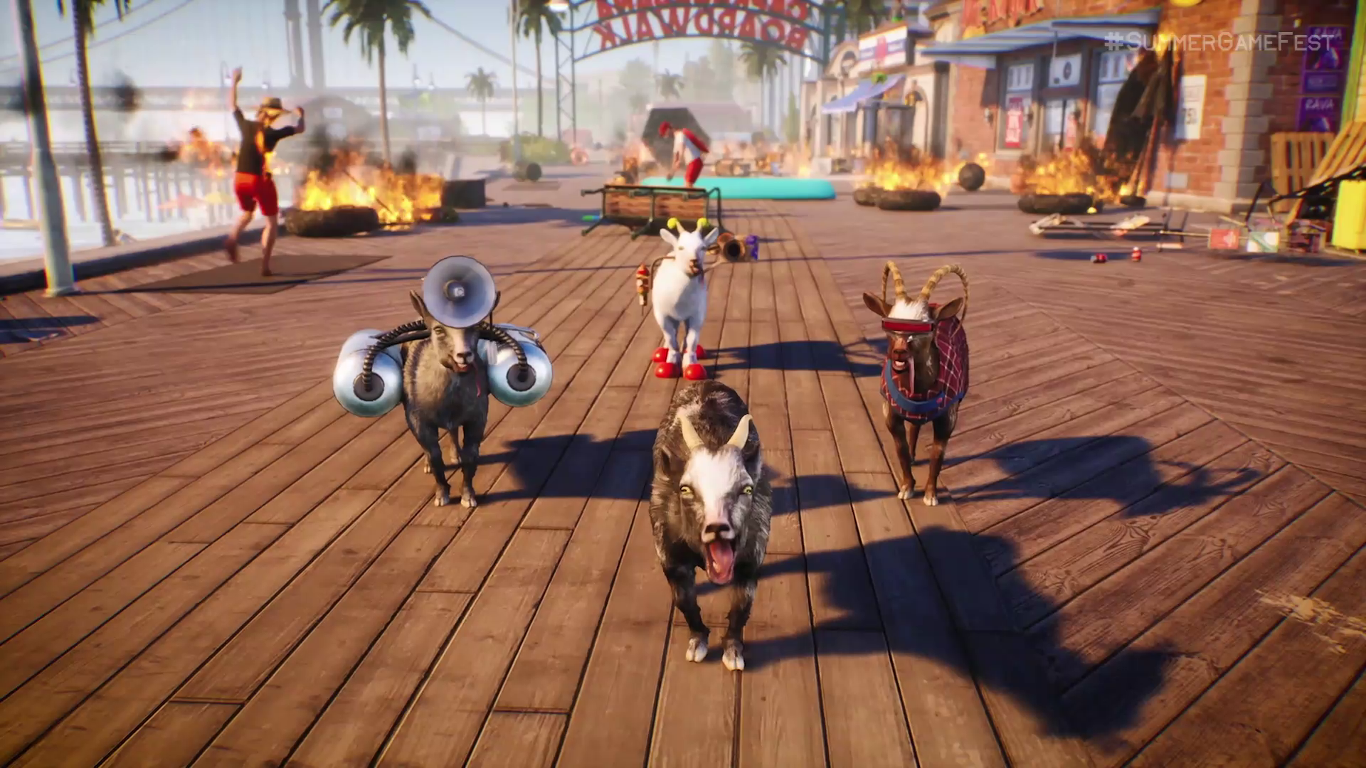 four goats on a boardwalk in Goat Simulator 3