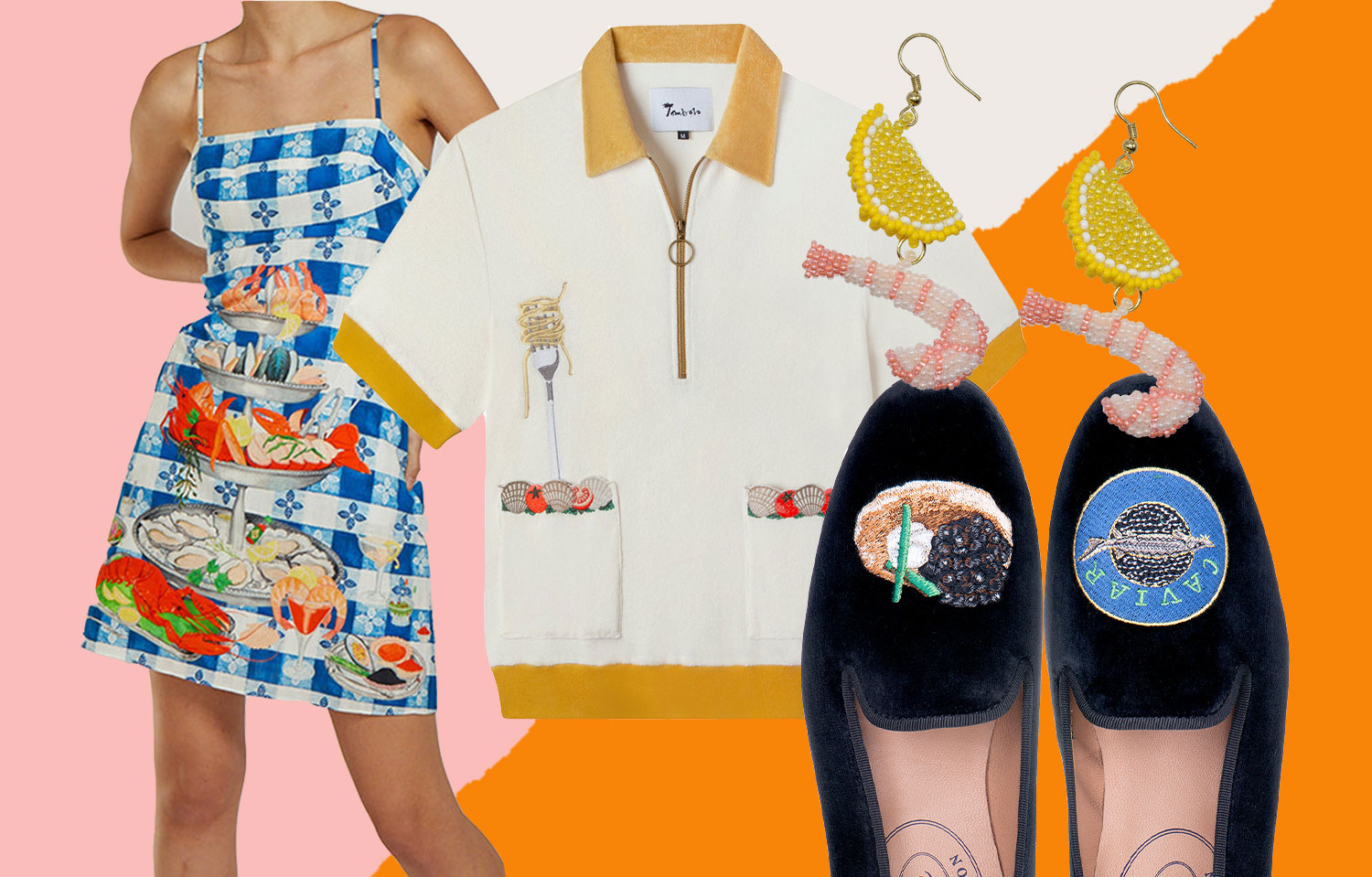 A collage with a person in a seafood tower dress, a shirt with a kitschy spaghetti vongole theme, beaded shrimp and lemon earrings, and velvet slippers with a caviar motif