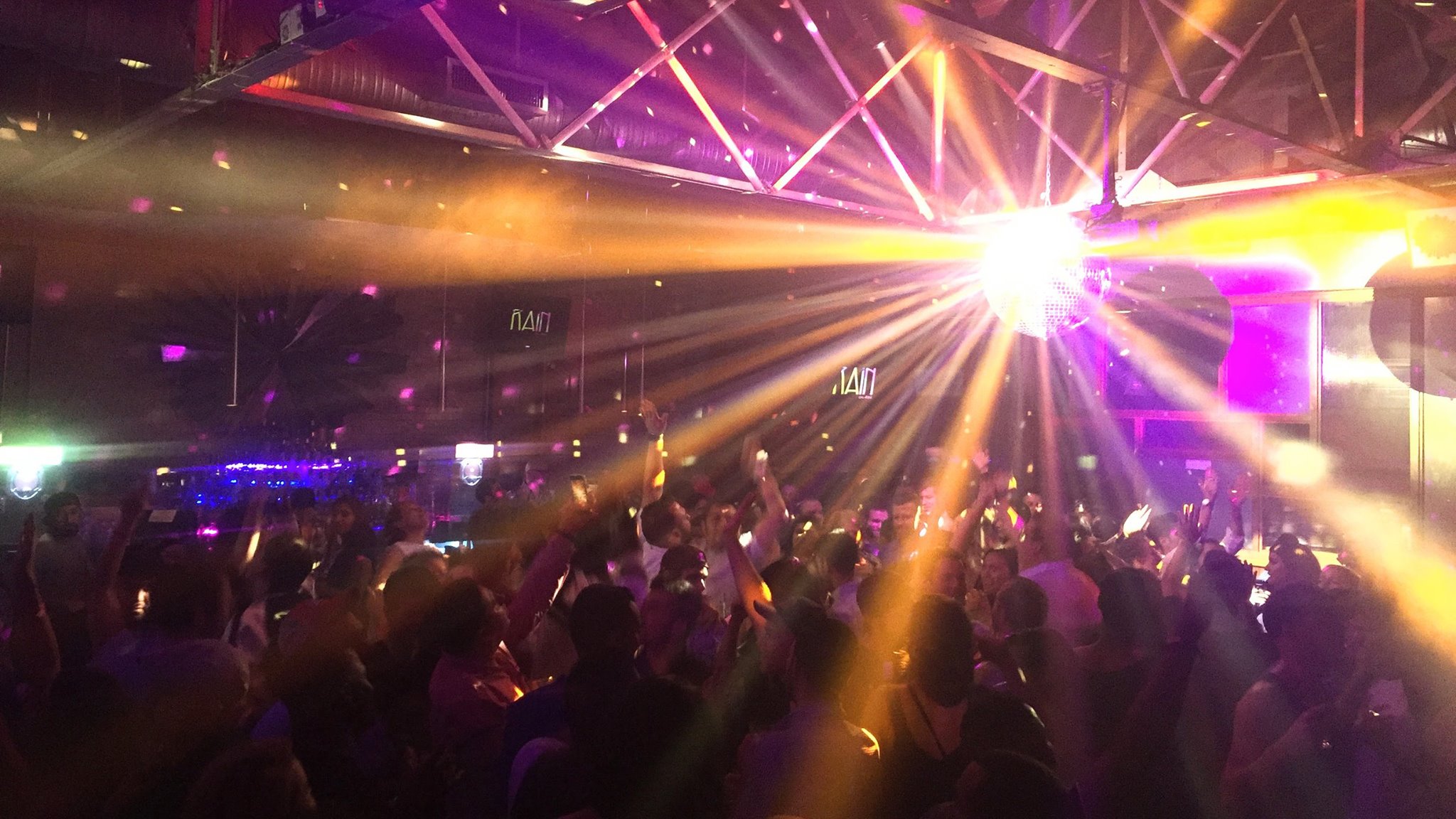 A club dance floor full of people with a sparkling disco ball.