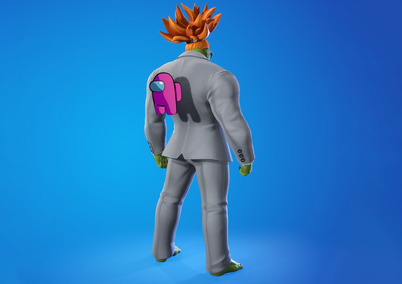 Blanka from Street Fighter, but in Fortnite, wearing a suit, with an Among Us crewmate on his back. Yep.