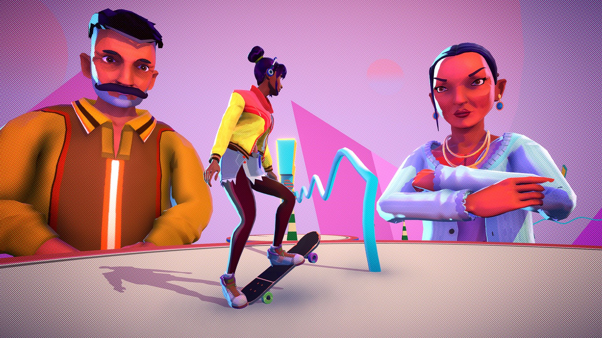 Jala standing in the center, one foot on her skateboard, facing down the two looming figures of her parents.