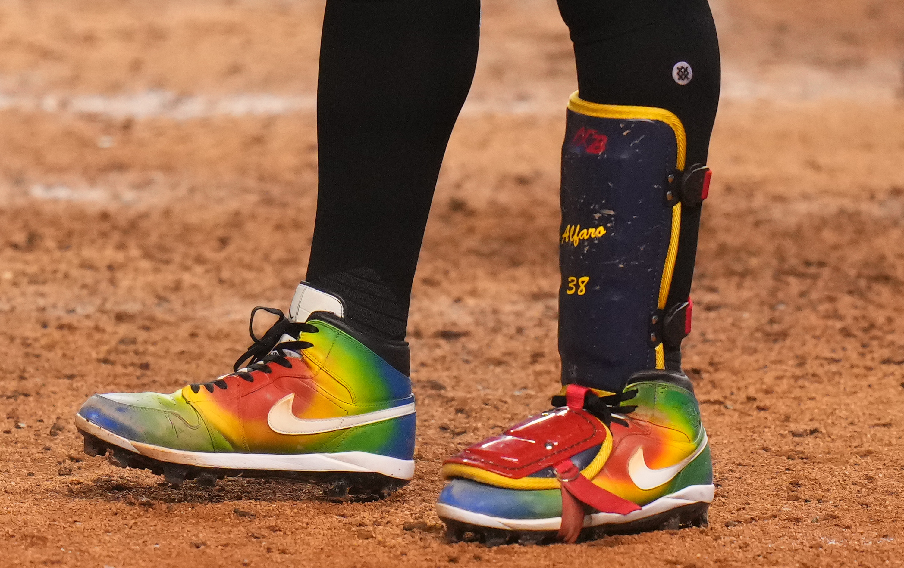 Pride-colored cleats worn by Jorge Alfaro of the Miami Marlins