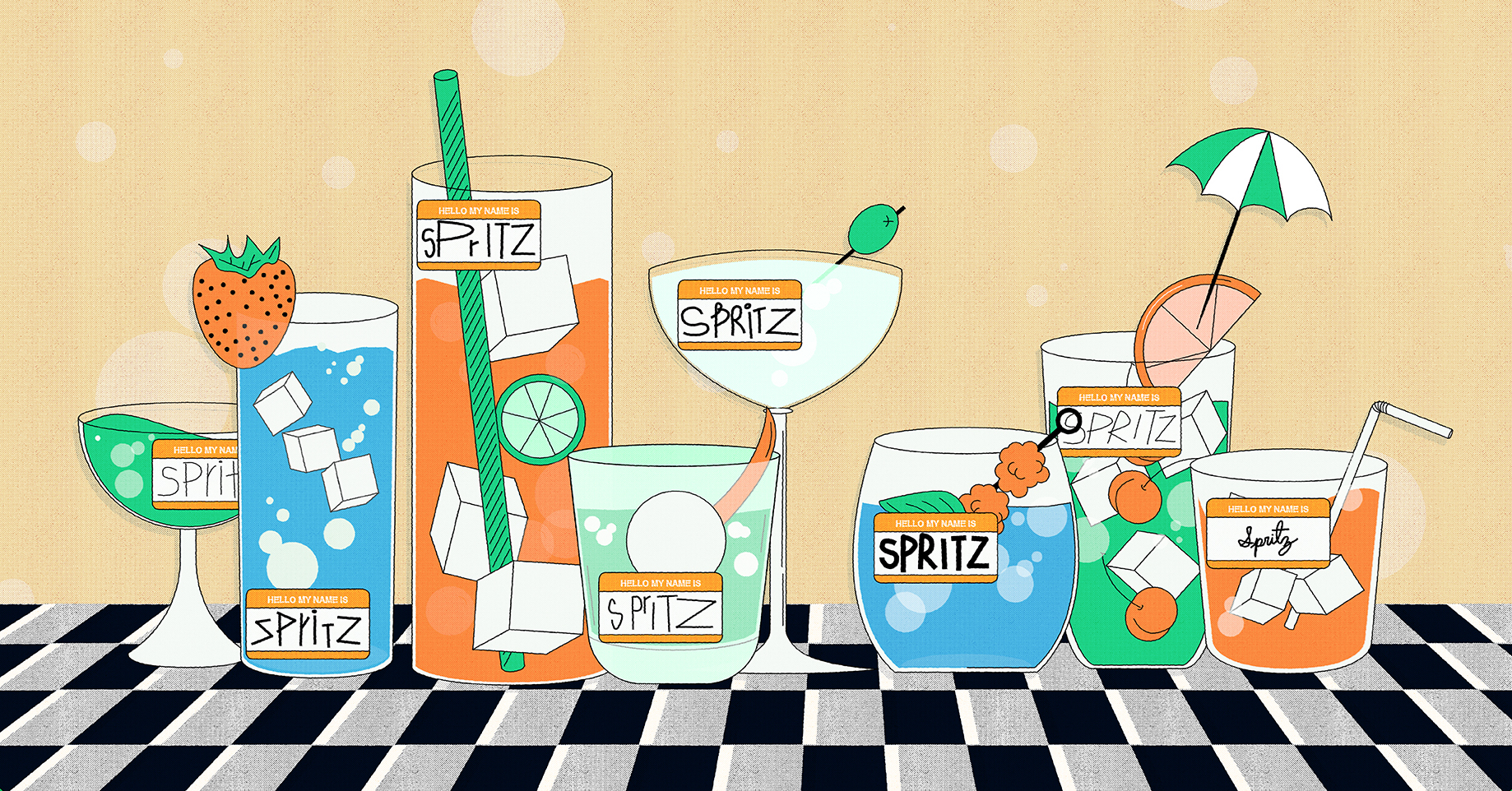 an illustration of an array of drinks in various glassware all with nametag stickers that read “spritz”