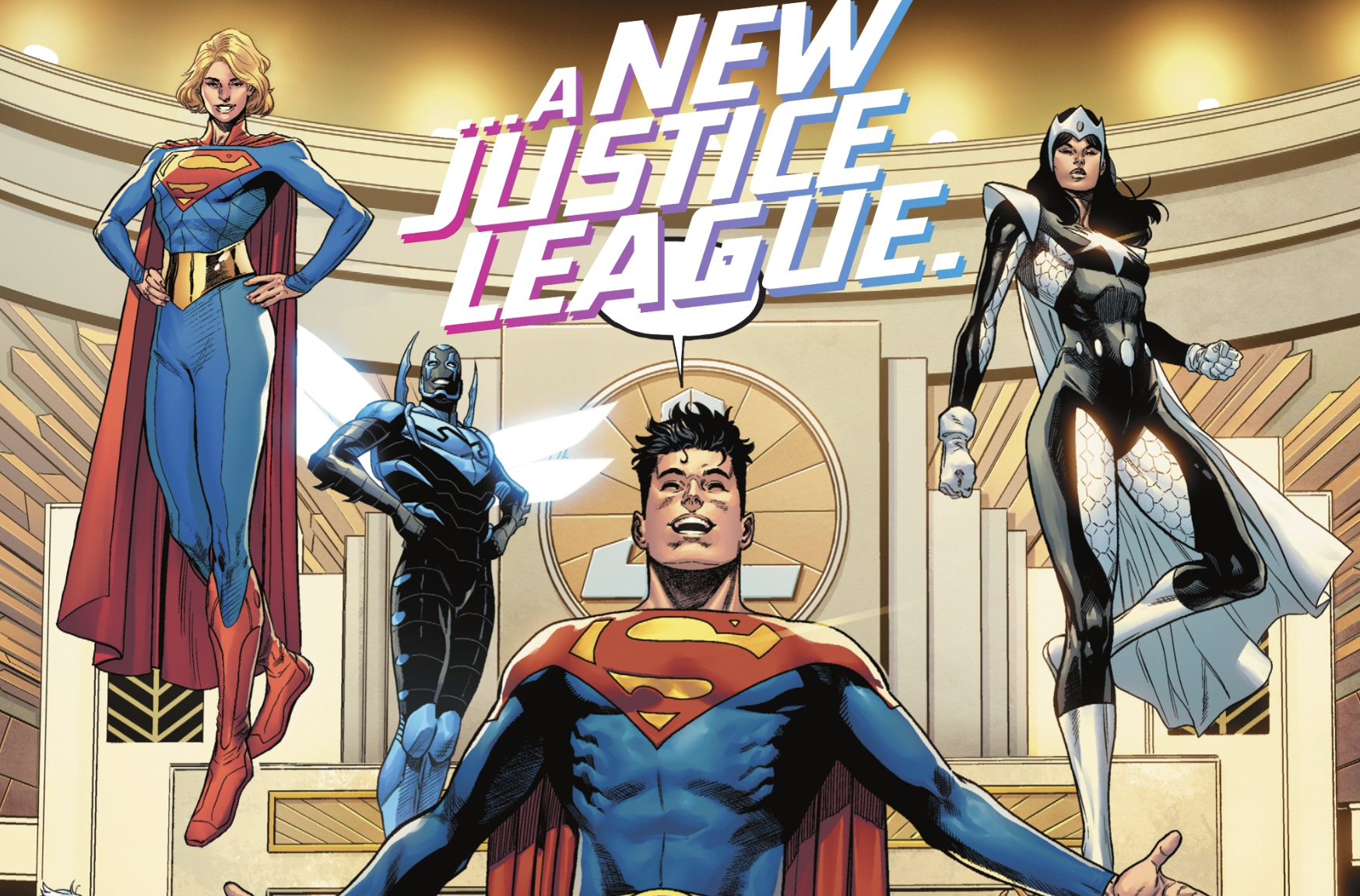“A new Justice Leauge,” declares Jon Kent/Superman as he gestures joyously to the superheroes around him, Supergirl, Blue Beetle/Jamie Reyes, and Doctor Light in Dark Crisis #1 (2022).