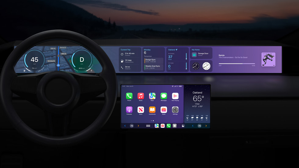 A promotional image of Apple CarPlay showing the electronic dashboard of a car with icons like an iPhone.