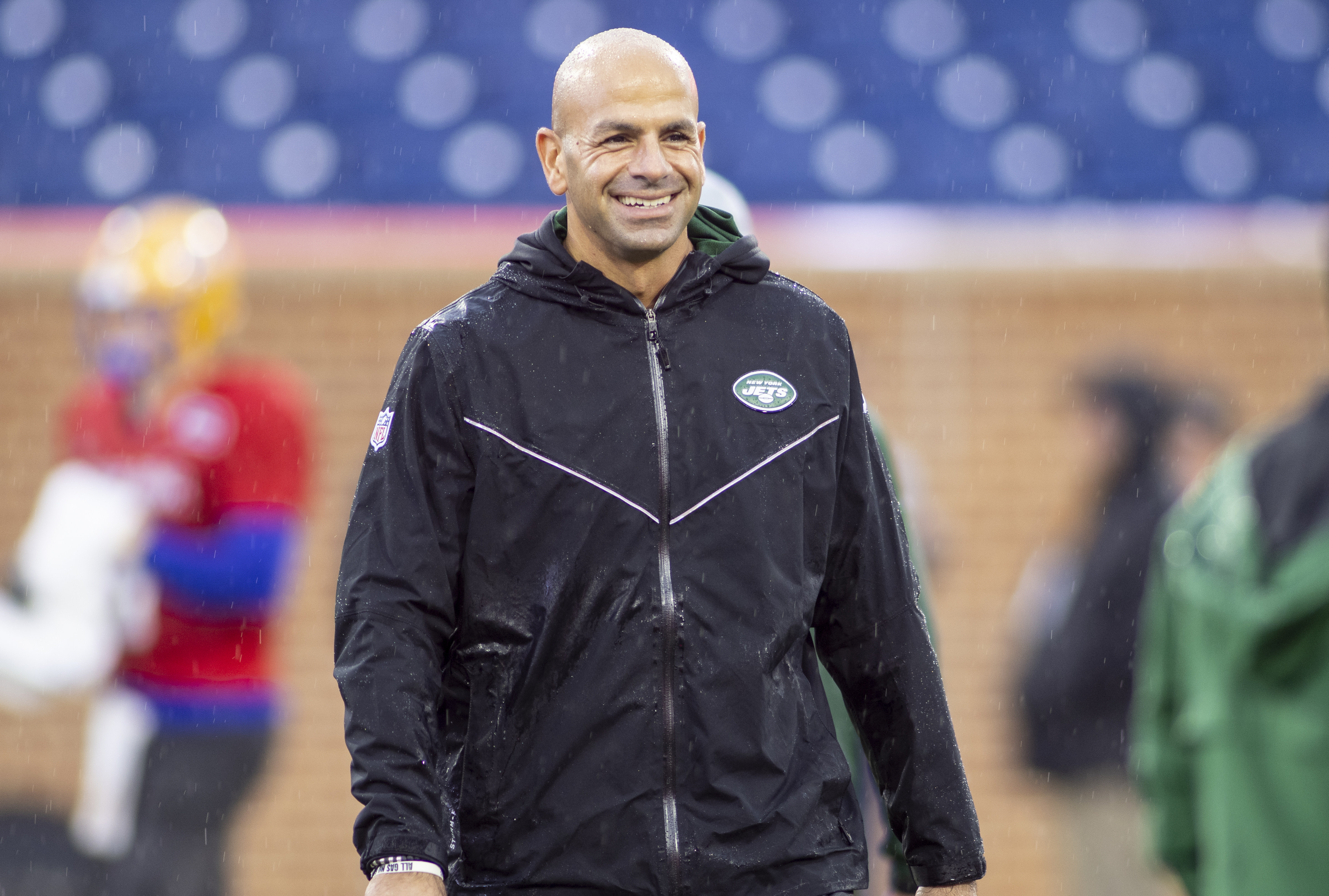 New York Jets head coach Robert Saleh visits during National practice for the 2022 Senior Bowl
