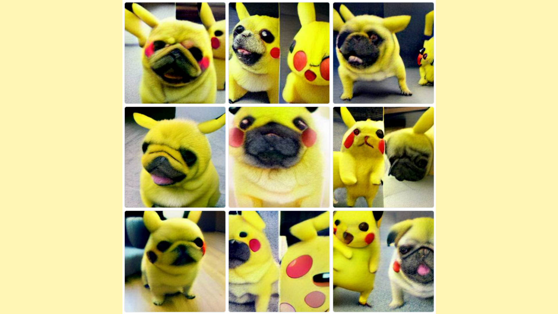 an image of various distorted pugs made to look like the pokemon pikachu.