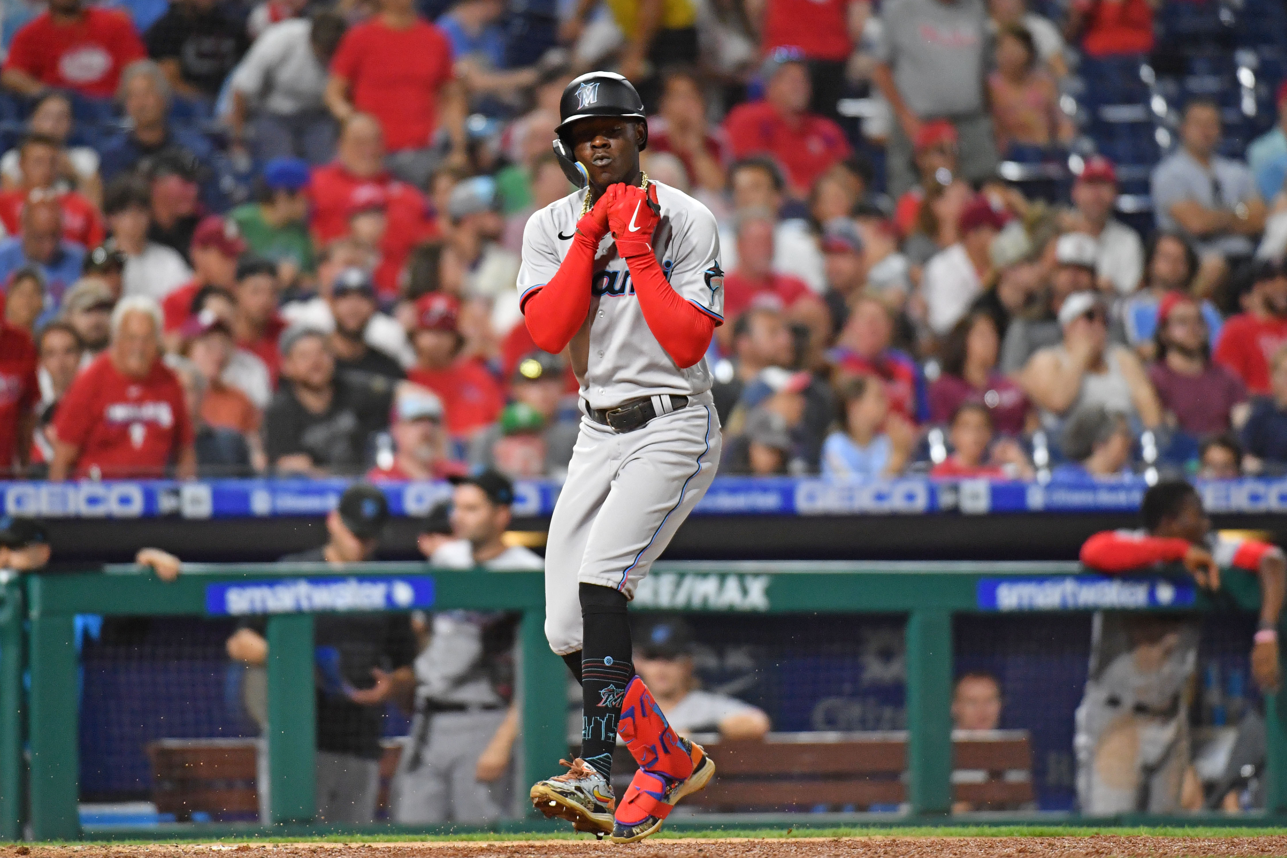 Miami Marlins second baseman Jazz Chisholm Jr. (2) celebrates his solo home run against the Philadelphia Phillies during the seventh inning at Citizens Bank Park.