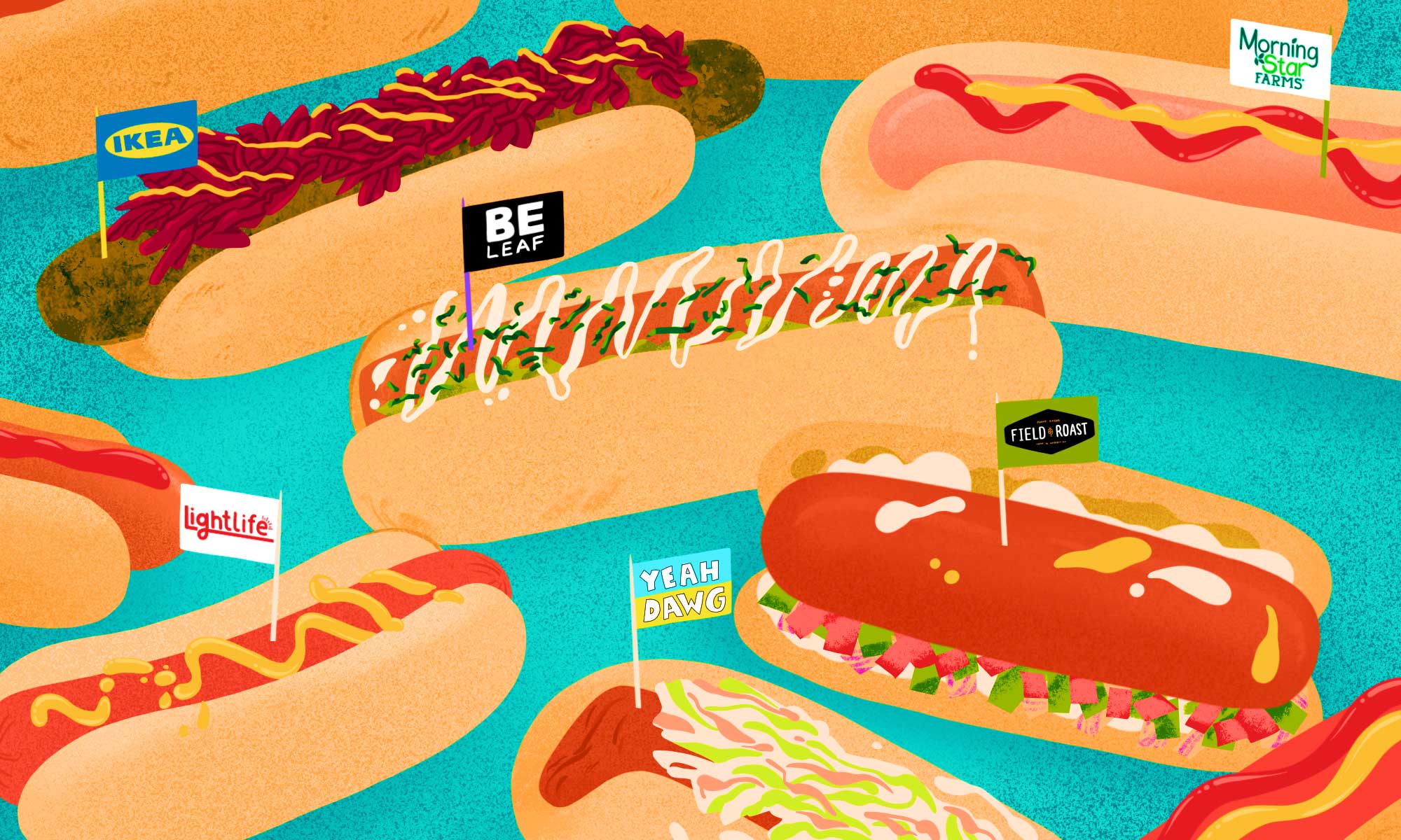 A group of veggie dogs in buns, each with a little flag that advertises the veggie dog brand. Illustration.