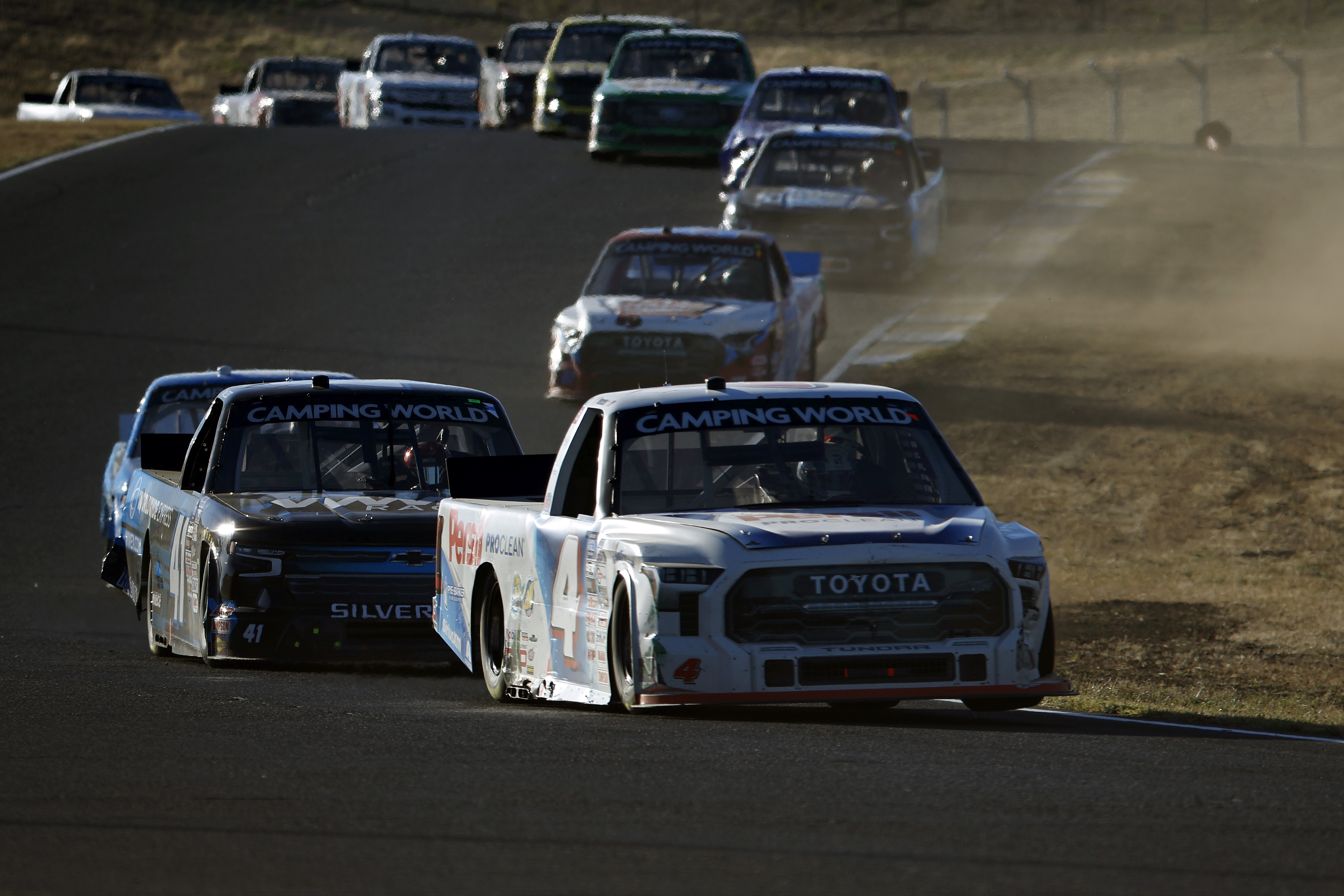 John Hunter Nemechek, driver of the #4 Persil Toyota, leads the field during the NASCAR Camping World Truck Series DoorDash 250 at Sonoma Raceway on June 11, 2022 in Sonoma, California.