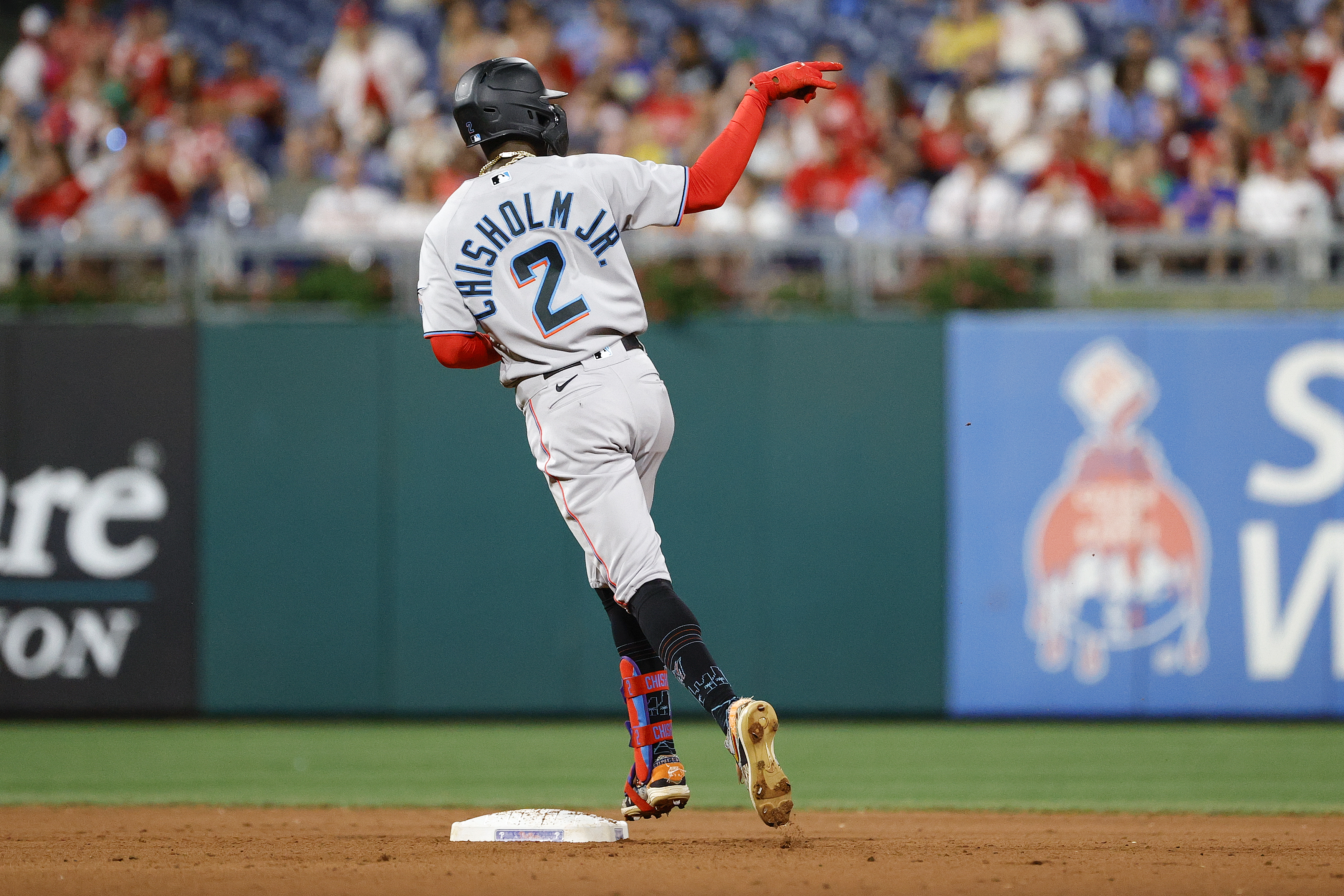 Jazz Chisholm Jr. #2 of the Miami Marlins rounds bases after hitting a solo home run during the seventh inning against the Philadelphia Phillies at Citizens Bank Park on June 14, 2022 in Philadelphia, Pennsylvania.