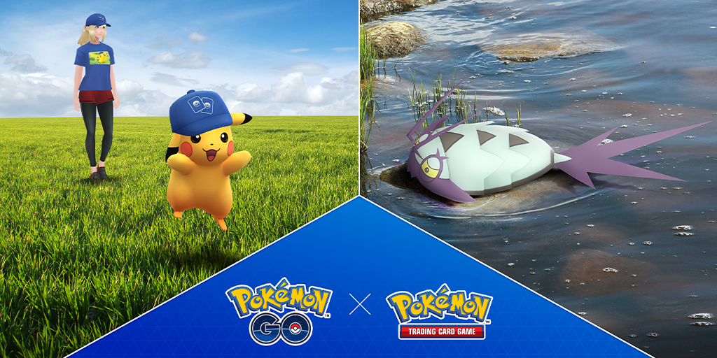 Pikachu in a hat and Wimpod over the Pokémon Go and TCG logo