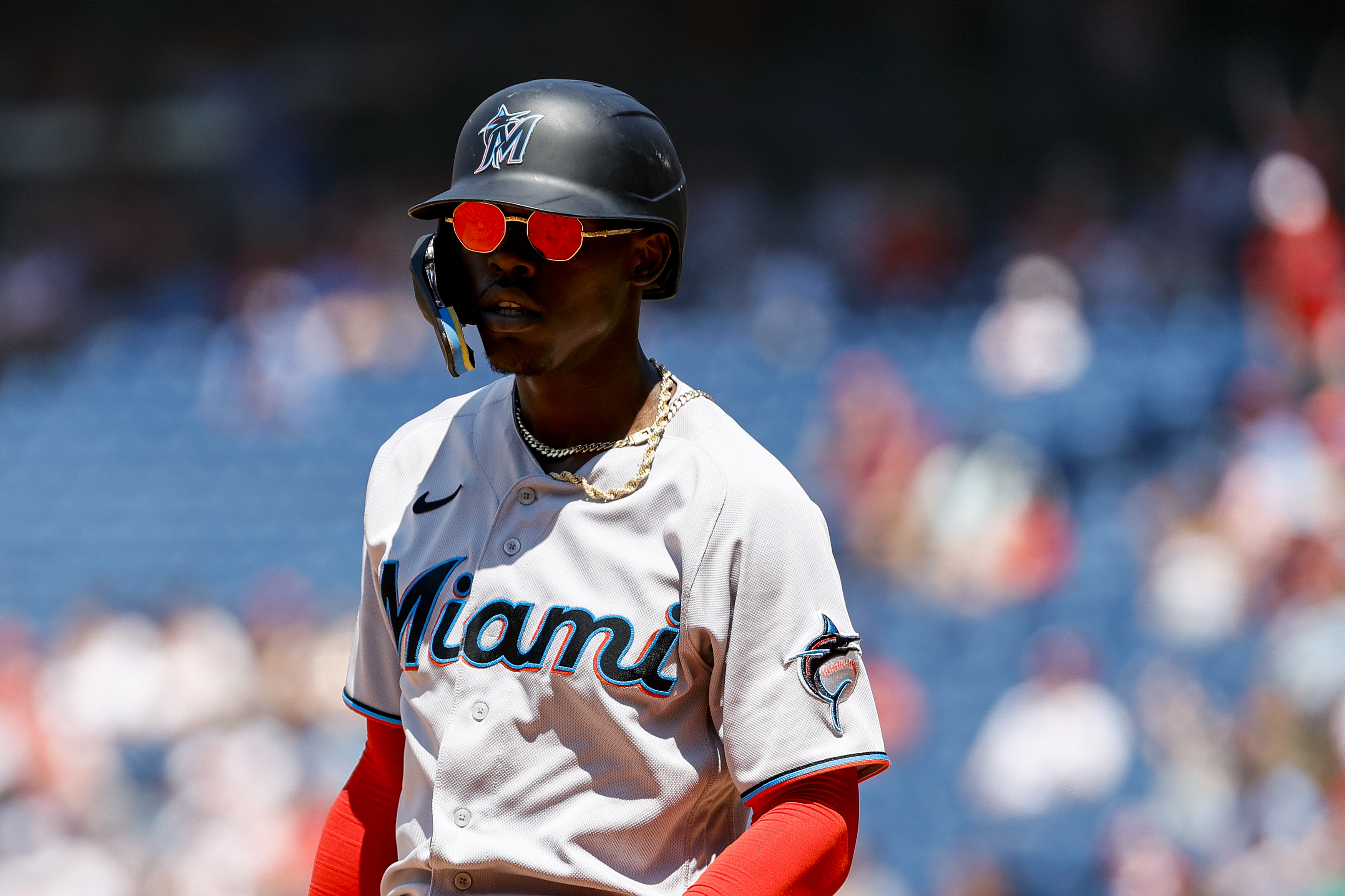 Jazz Chisholm Jr. #2 of the Miami Marlins looks on during the fifth inning against the Philadelphia Phillies at Citizens Bank Park on June 15, 2022 in Philadelphia, Pennsylvania.