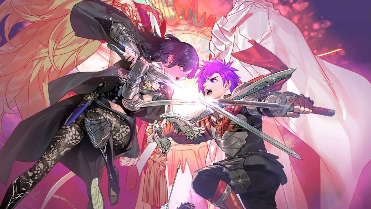 Shez and Byleth leap at each other in the cover art for Fire Emblem Warriors: Three Hopes
