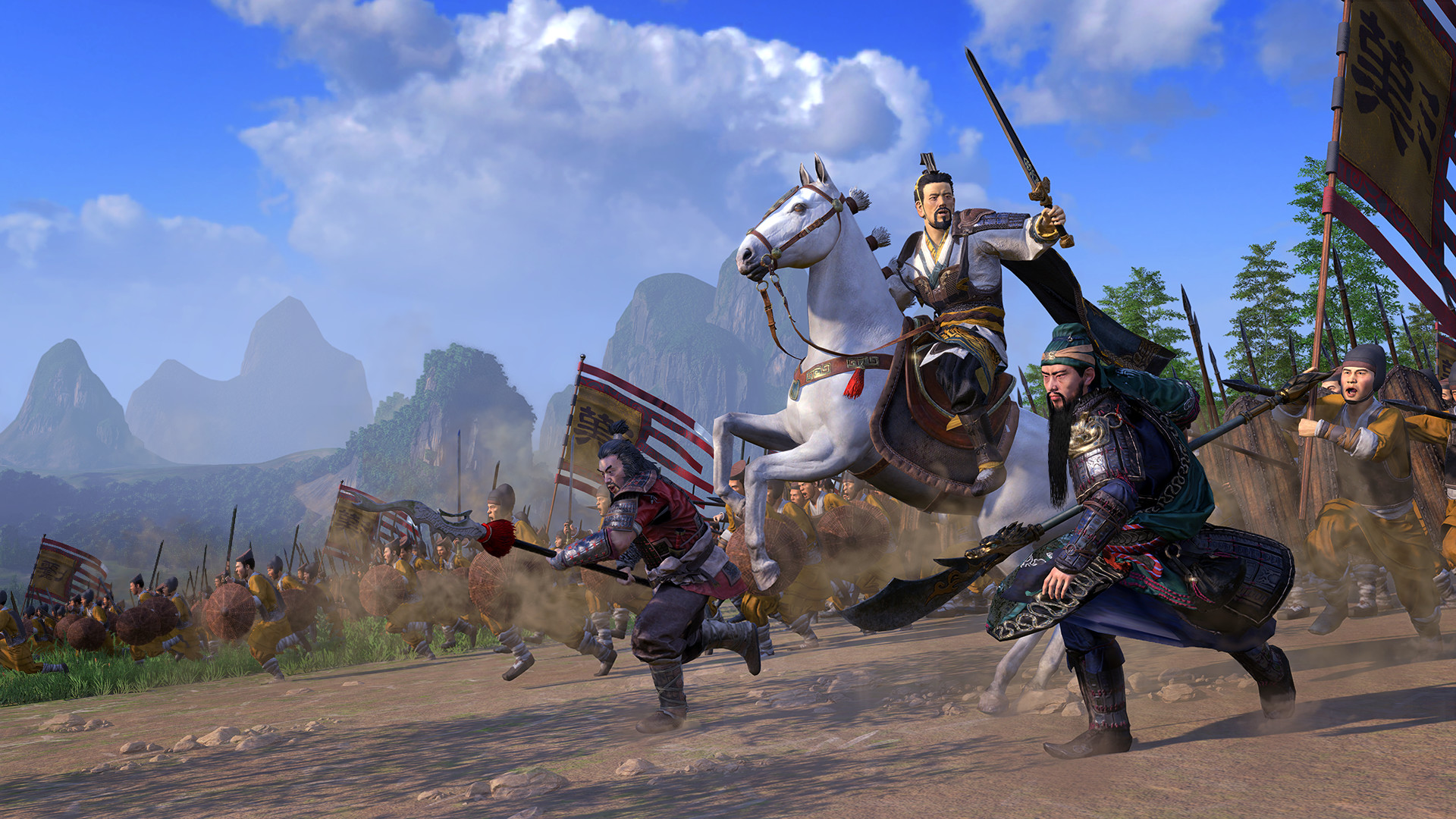 a Chinese military officer on a white horse brandishing a sword leads his forces into battle in Total War: Three Kingdoms