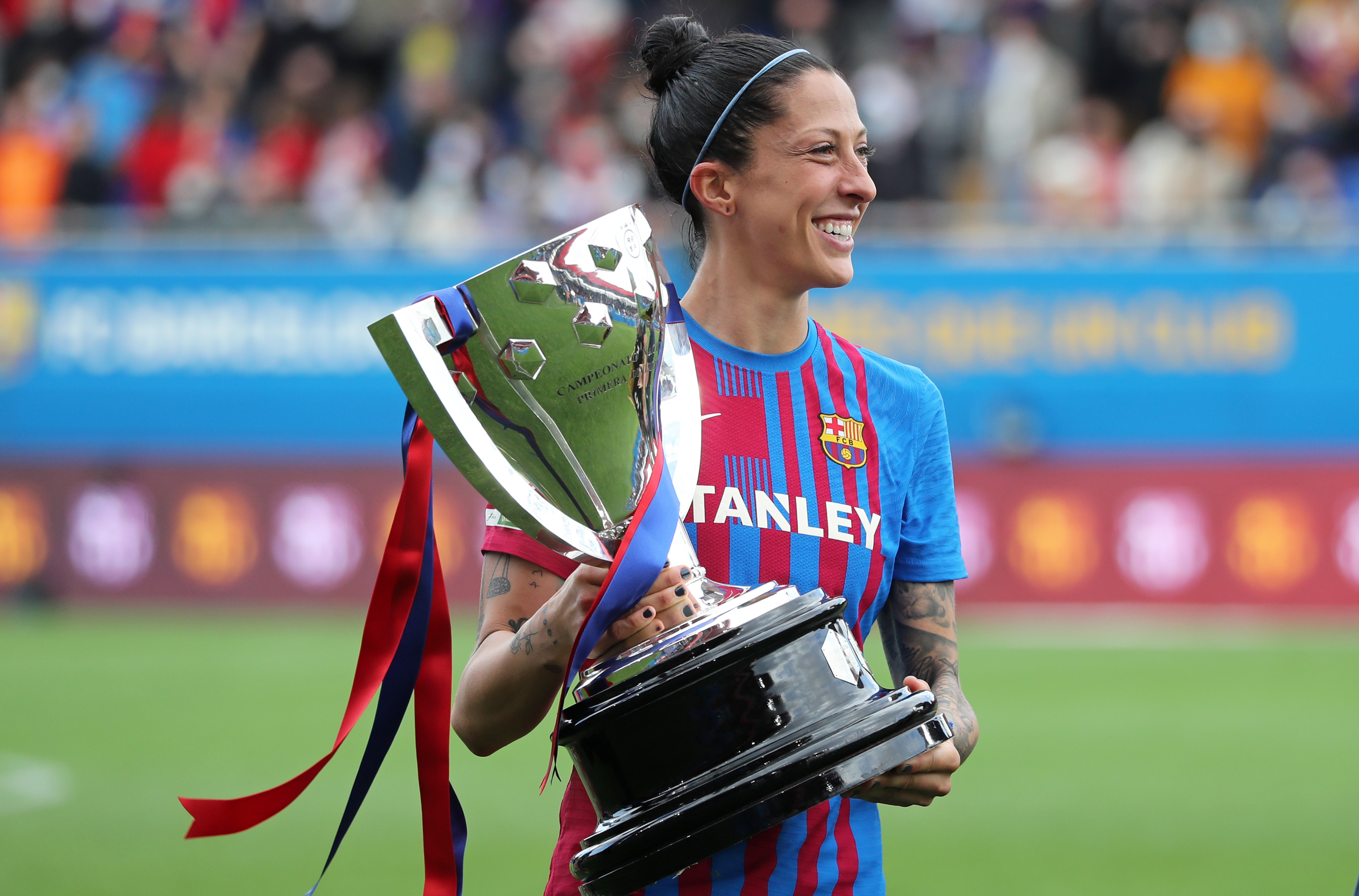 Jennifer Hermoso during the celebration for the Iberdrola League title achieved after defeating Real Madrid 5-0 at the Johan Cruyff Stadium, in Barcelona, on 13th March 2022.