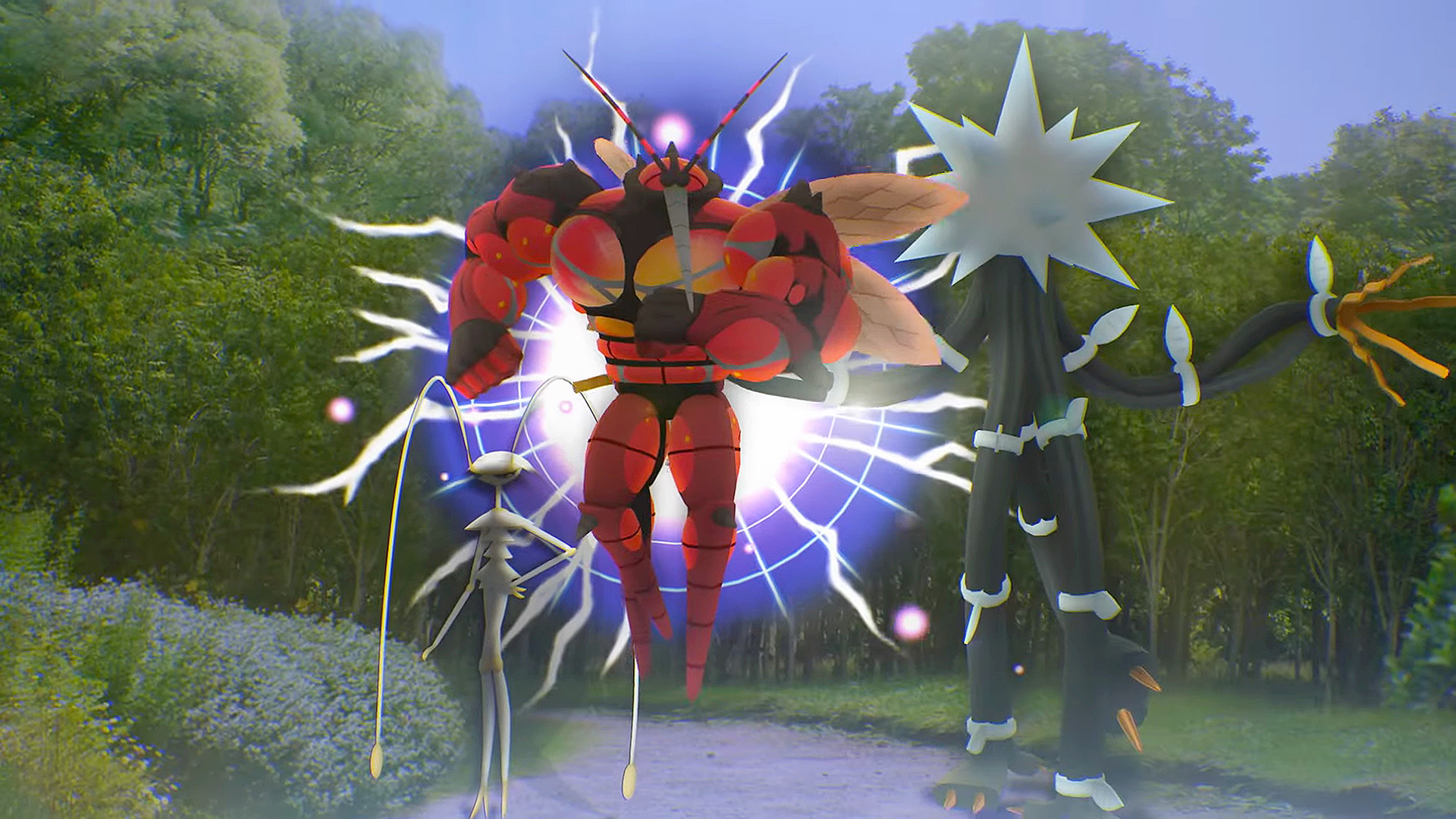 Ultra Beast Pokémon Pheromosa, Buzzwole, and Xurkitree emerge from a portal in a promotional still from Pokémon Go
