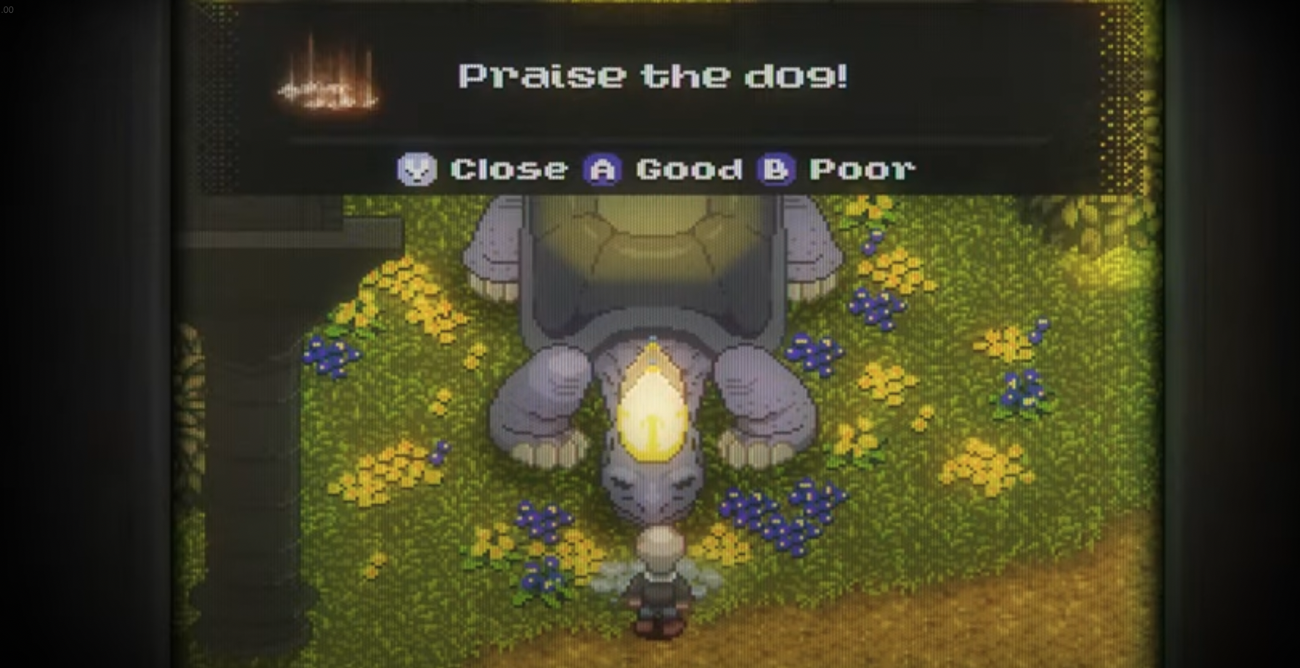 Elden Ring’s Pope Turtle —&nbsp;a large tortoise with a papal hat —&nbsp;is standing in a field of flowers. A player character faces the turtle. All of this is in pixel art style. A text box at the top reads: “Praise the dog!”