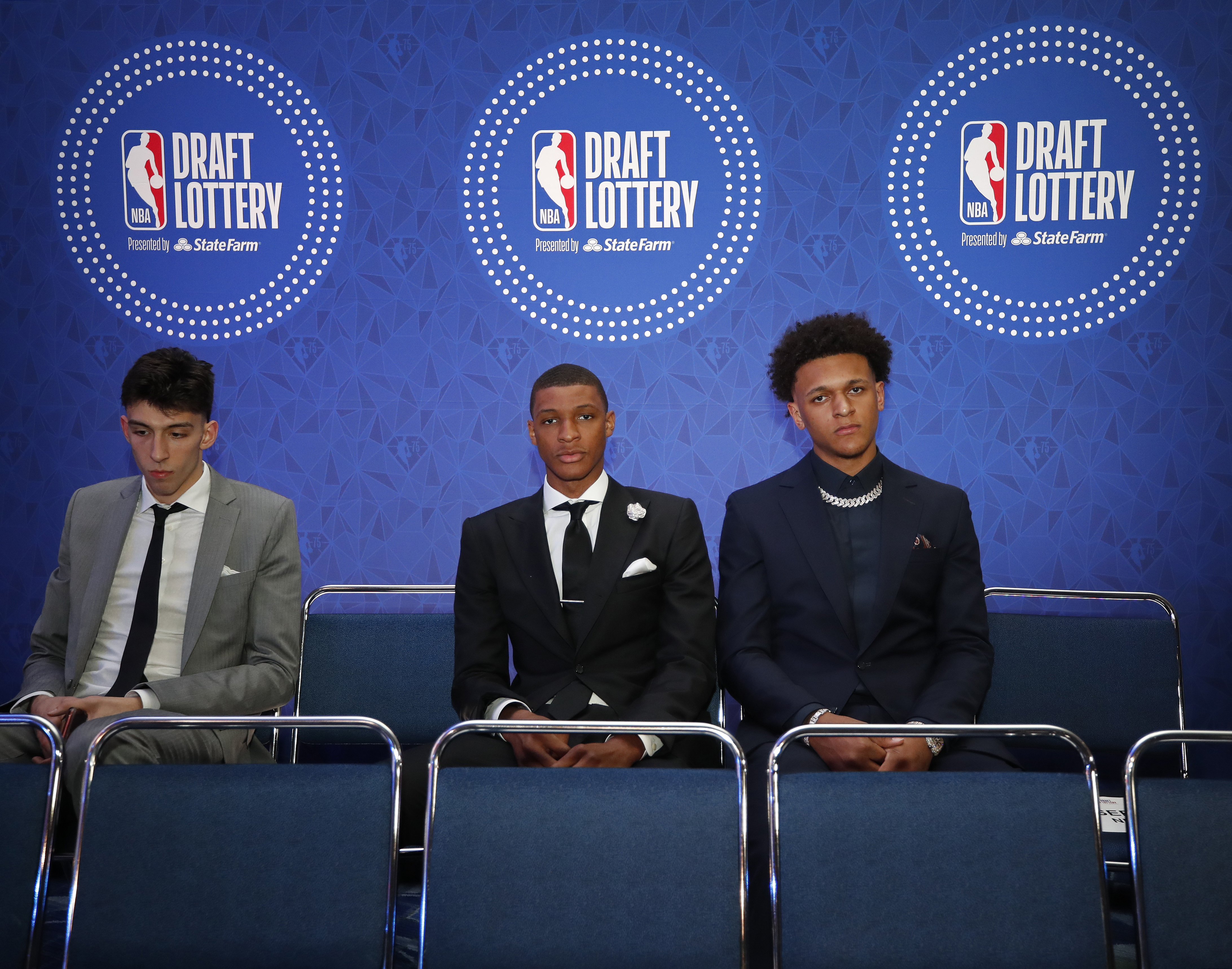 NBA Prospects, Chet Holmgren, Jabari Smith and Paolo Banchero look on during the 2022 NBA Draft Lottery at McCormick Place on May 17, 2022 in Chicago, Illinois.