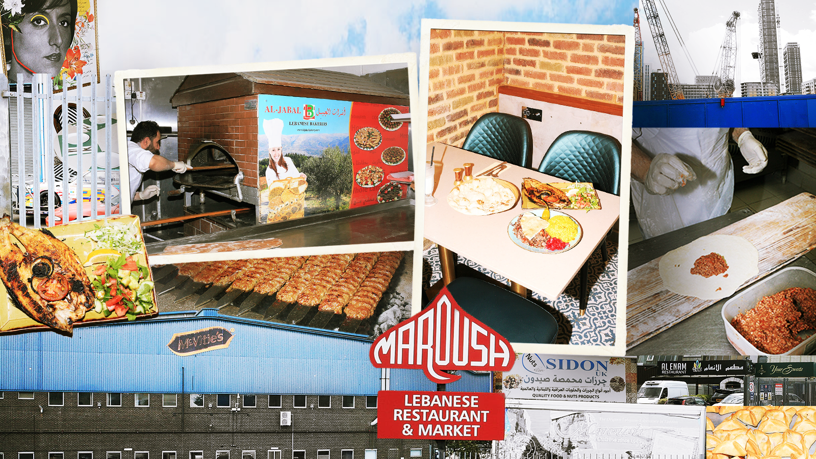 Photo-collage of several scenes depicted postcard-style: a man reaching into an oven, a diner tabletop, and two hands assembling a dish.