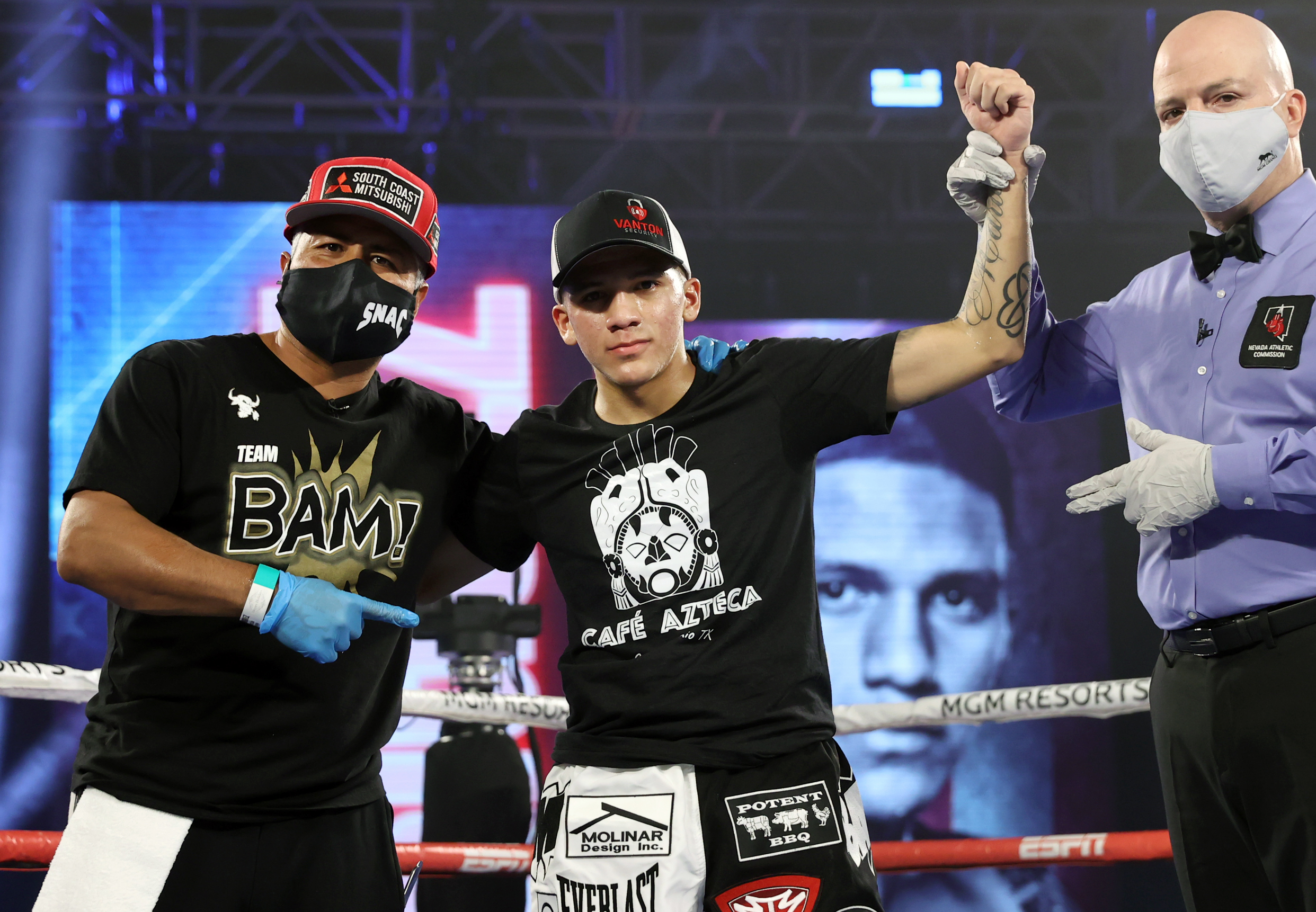 Jesse Rodriguez celebrates after defeating Saul Juarez at the MGM Grand Conference Center on December 12, 2020 in Las Vegas, Nevada.