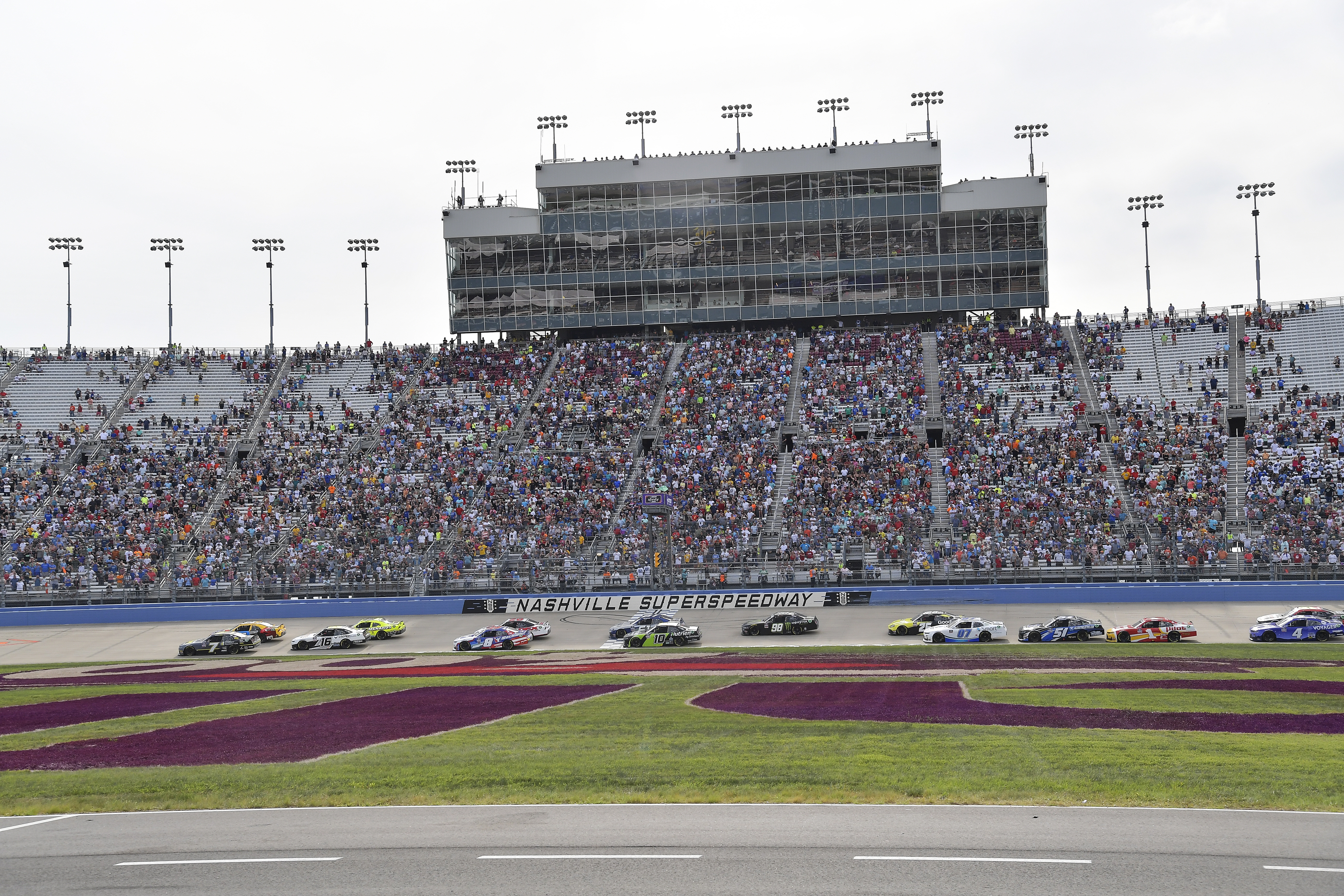 A general view of cars on track during the NASCAR Xfinity Series Tennessee Lottery 250 at Nashville Superspeedway on June 19, 2021 in Lebanon, Tennessee.