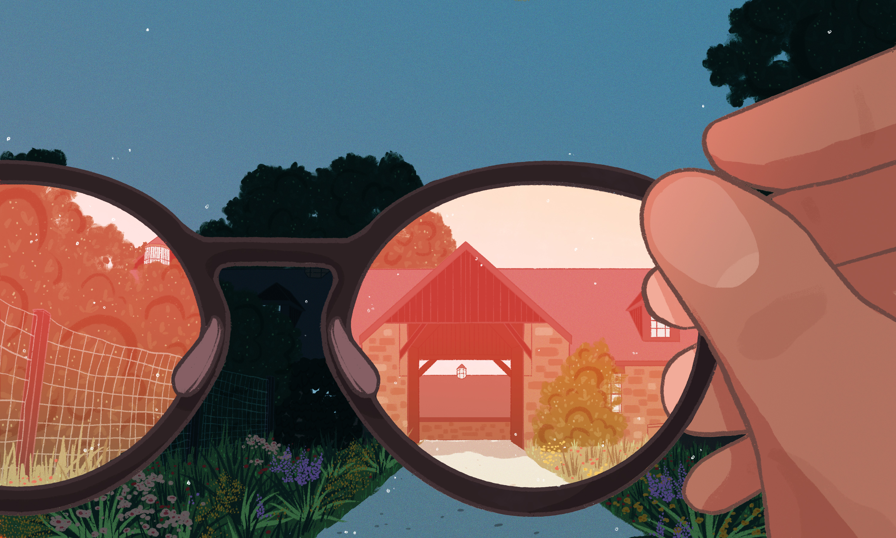 Illustration of a hand holding up a pair of rose-colored glasses, the view of a building turns pinker within the lens.