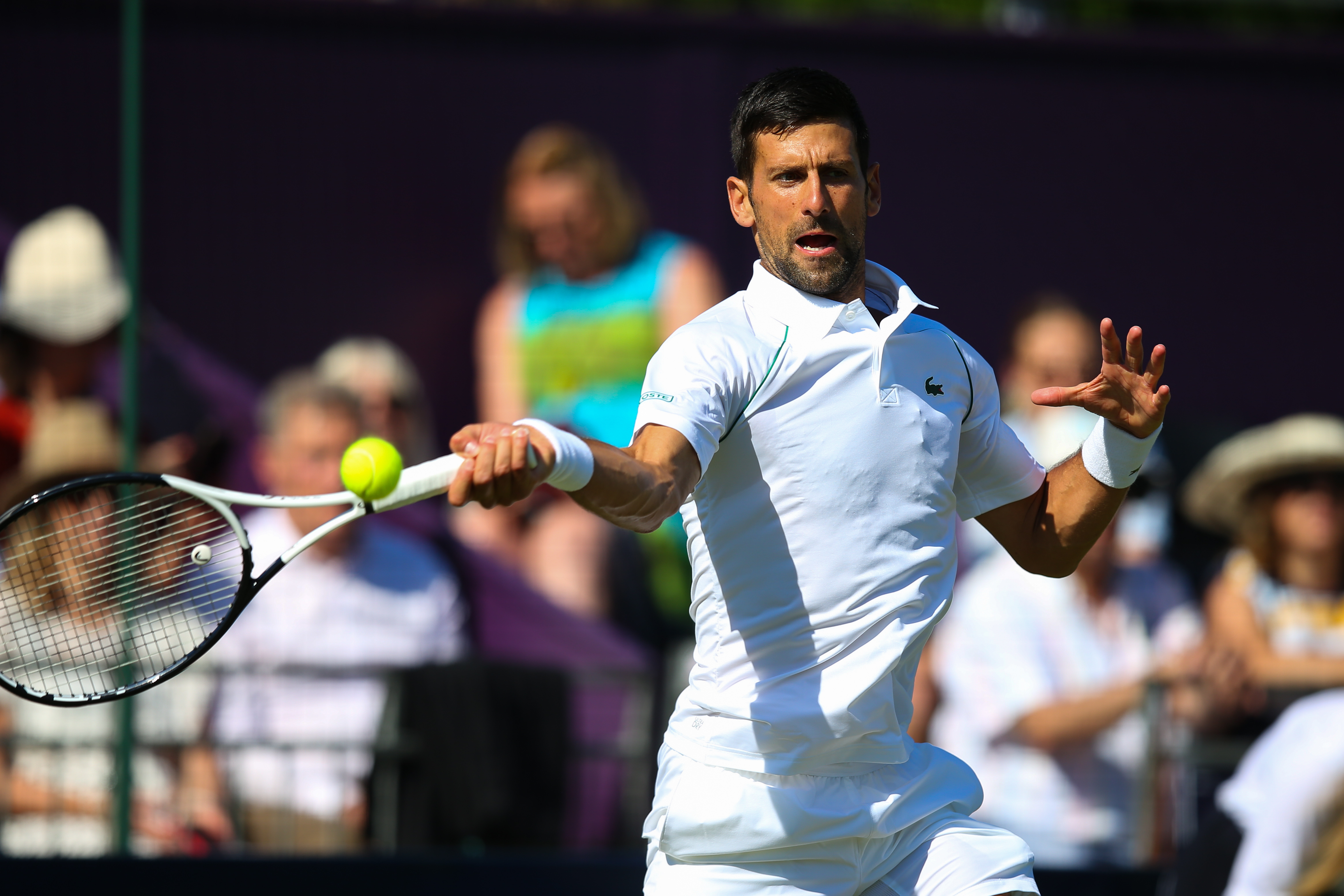 Novak Djokovic plays a forehand in his match against Felix Auger-Aliassime of Canada during day two of the Giorgio Armani Tennis Classic at The Hurlingham Club on June 22, 2022 in London, England.