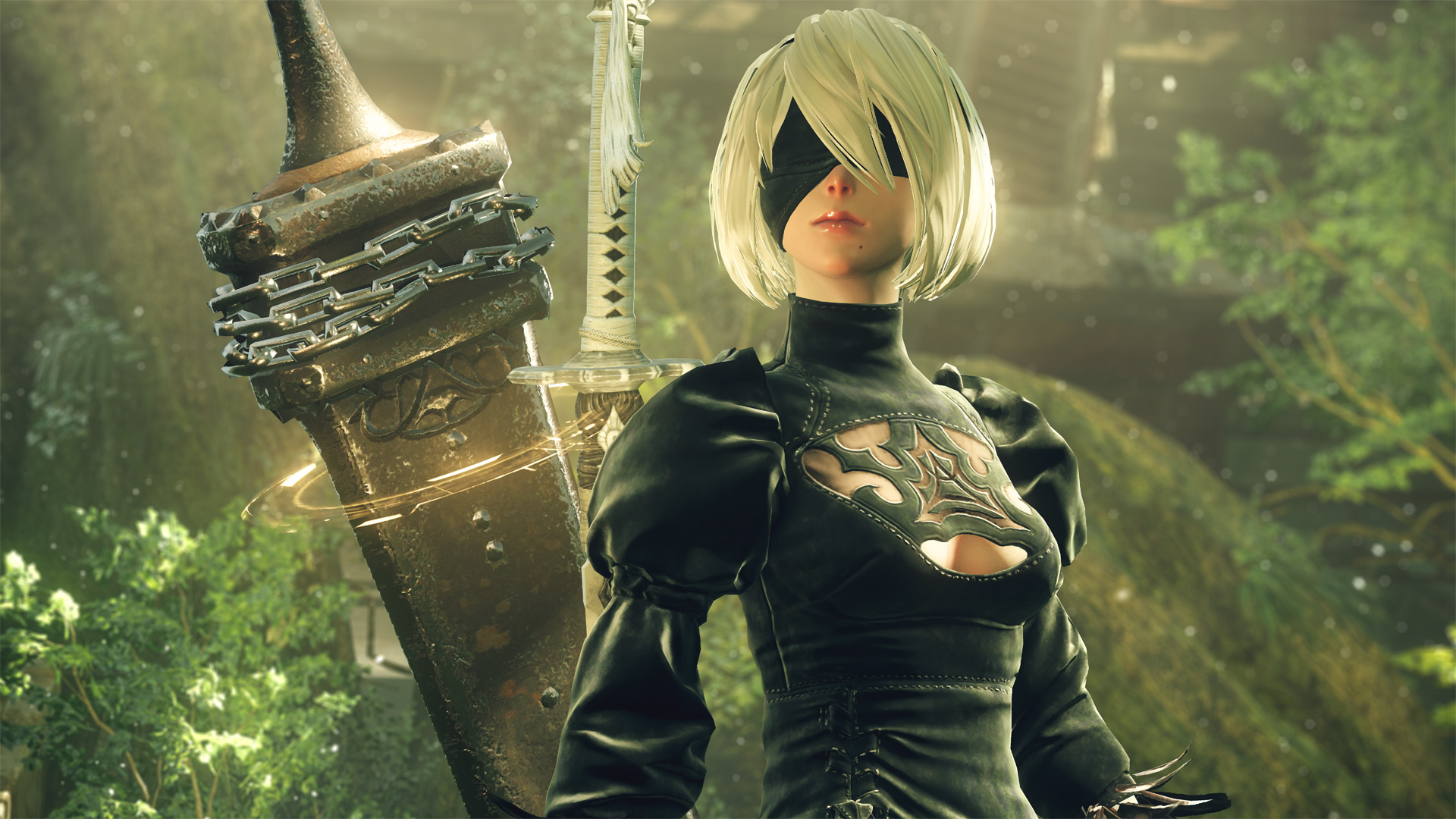 A close-up shot of 2B from Nier: Automata