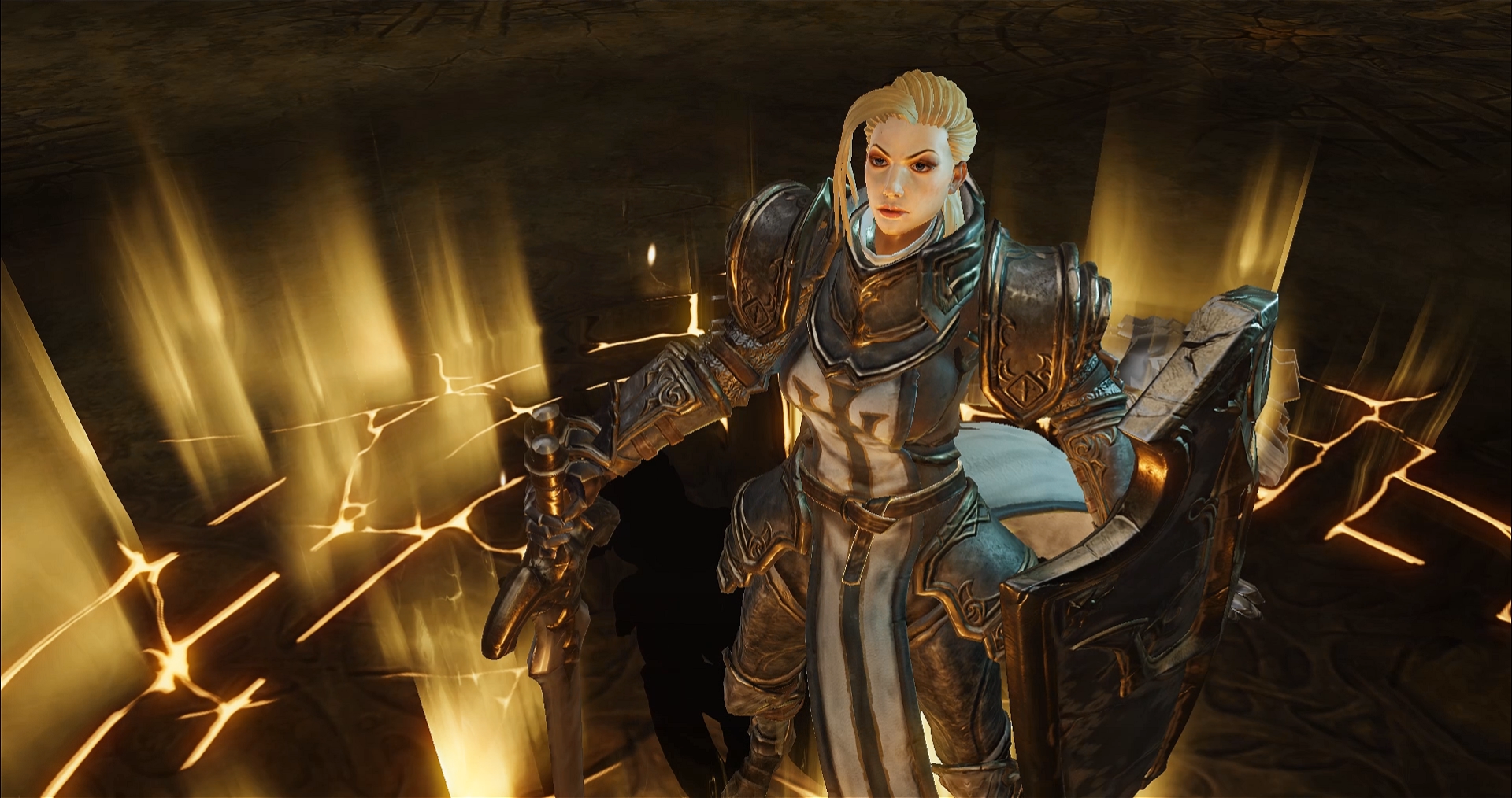 Diablo Immortal cinematic screenshot showing the crusader character standing atop a glowing sigil.