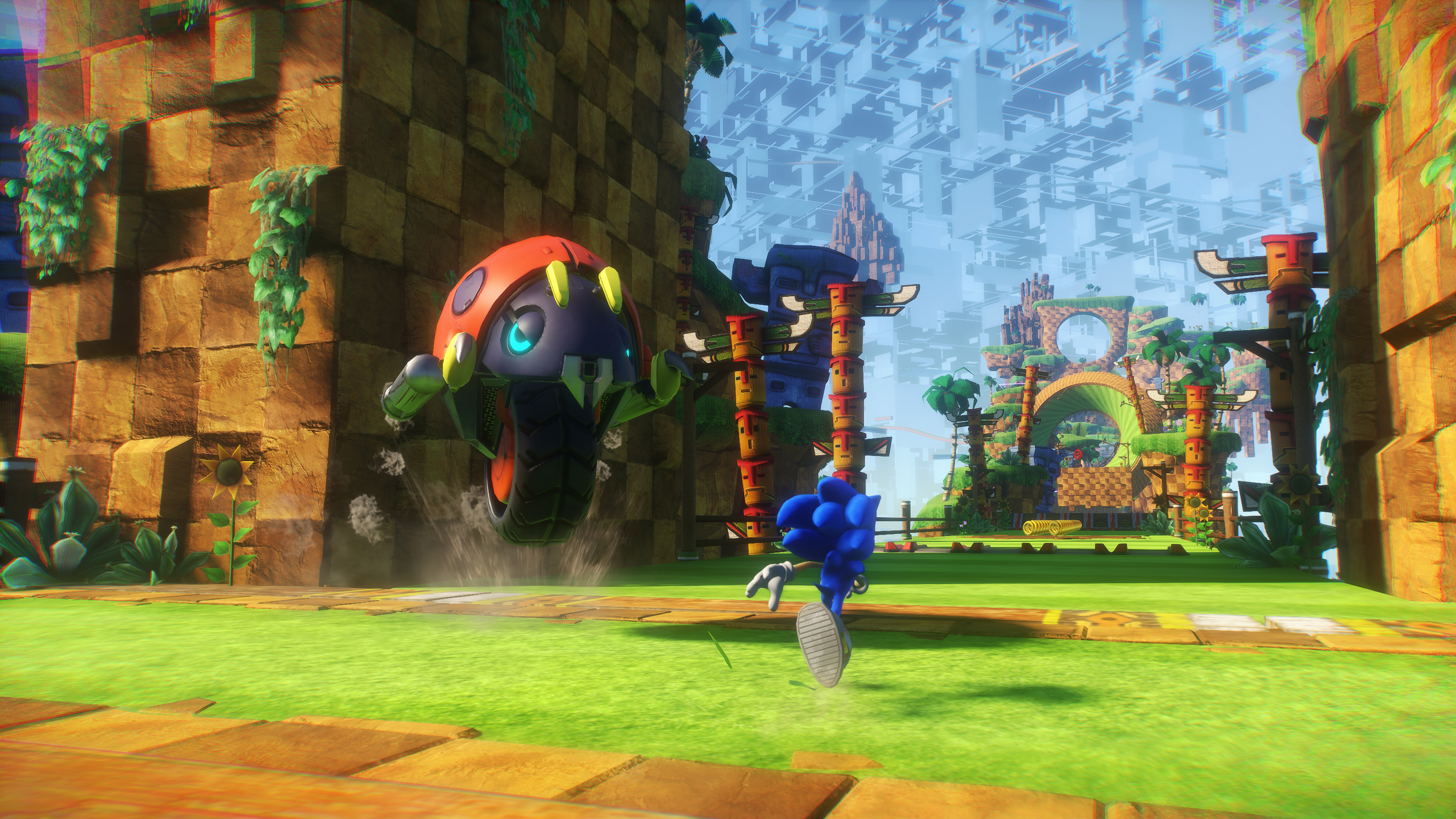 Sonic the Hedgehog runs through a 3D Green Hill Zone-like world in Sonic Frontiers
