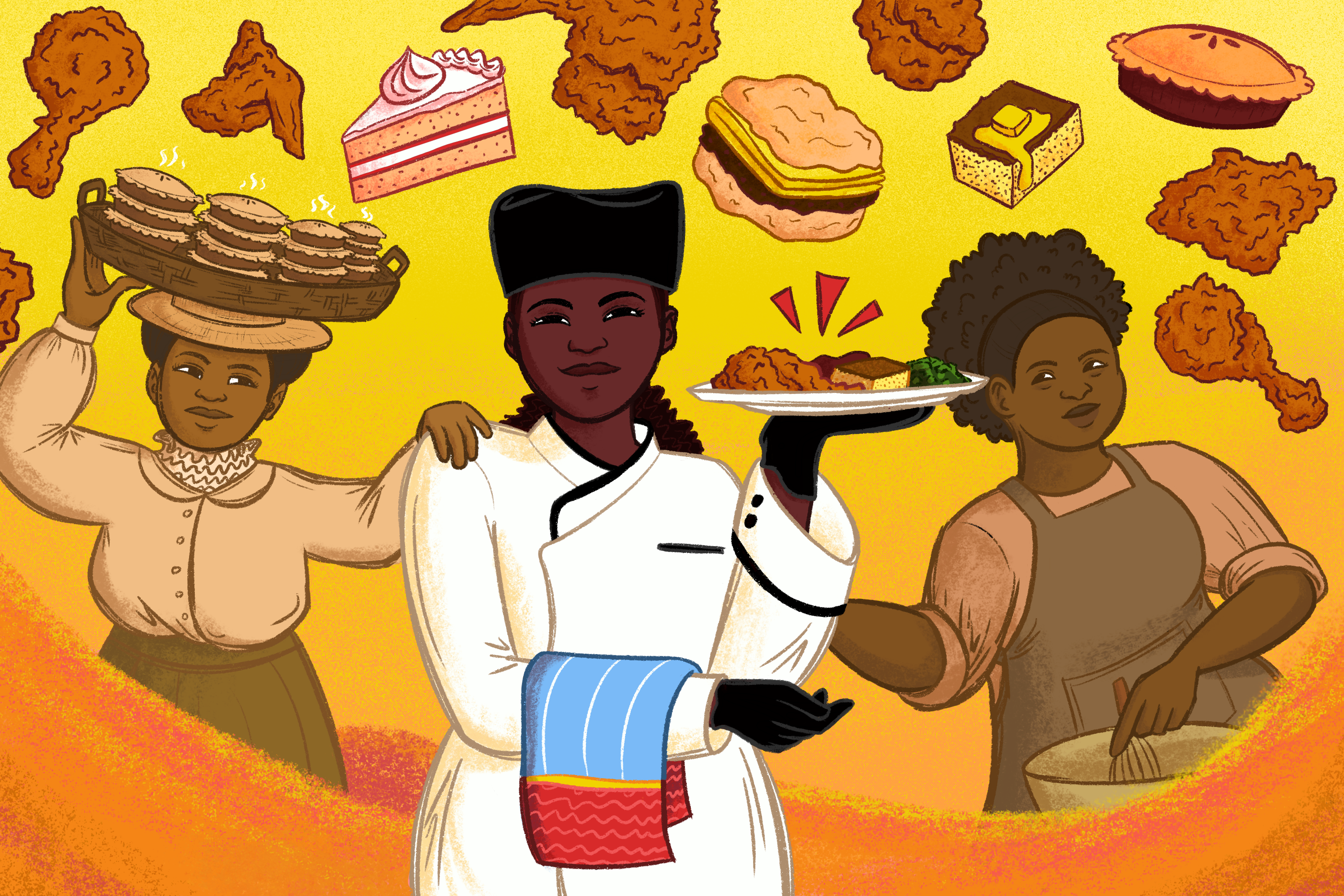 A Black woman chef holds a plate of fried chicken and other Southern staples as two Black women cooks, her predecessors, support her on either side. Above them, more chicken, a biscuit sandwich, and slices of cake and cornbread float.