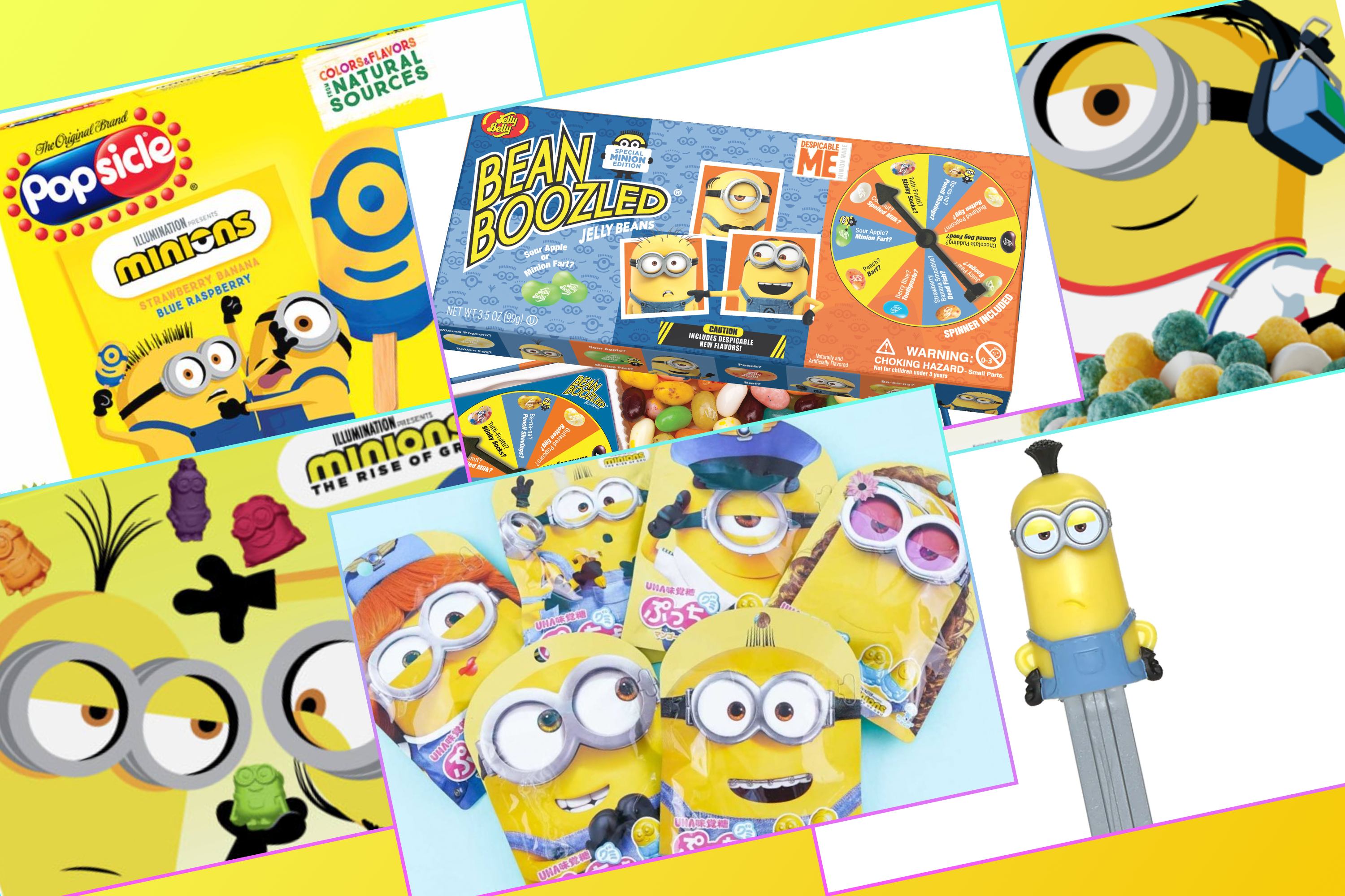 A collage of images of Minion-themed food items, including a Pez dispenser, gummies, fruit snacks, and popsicles.