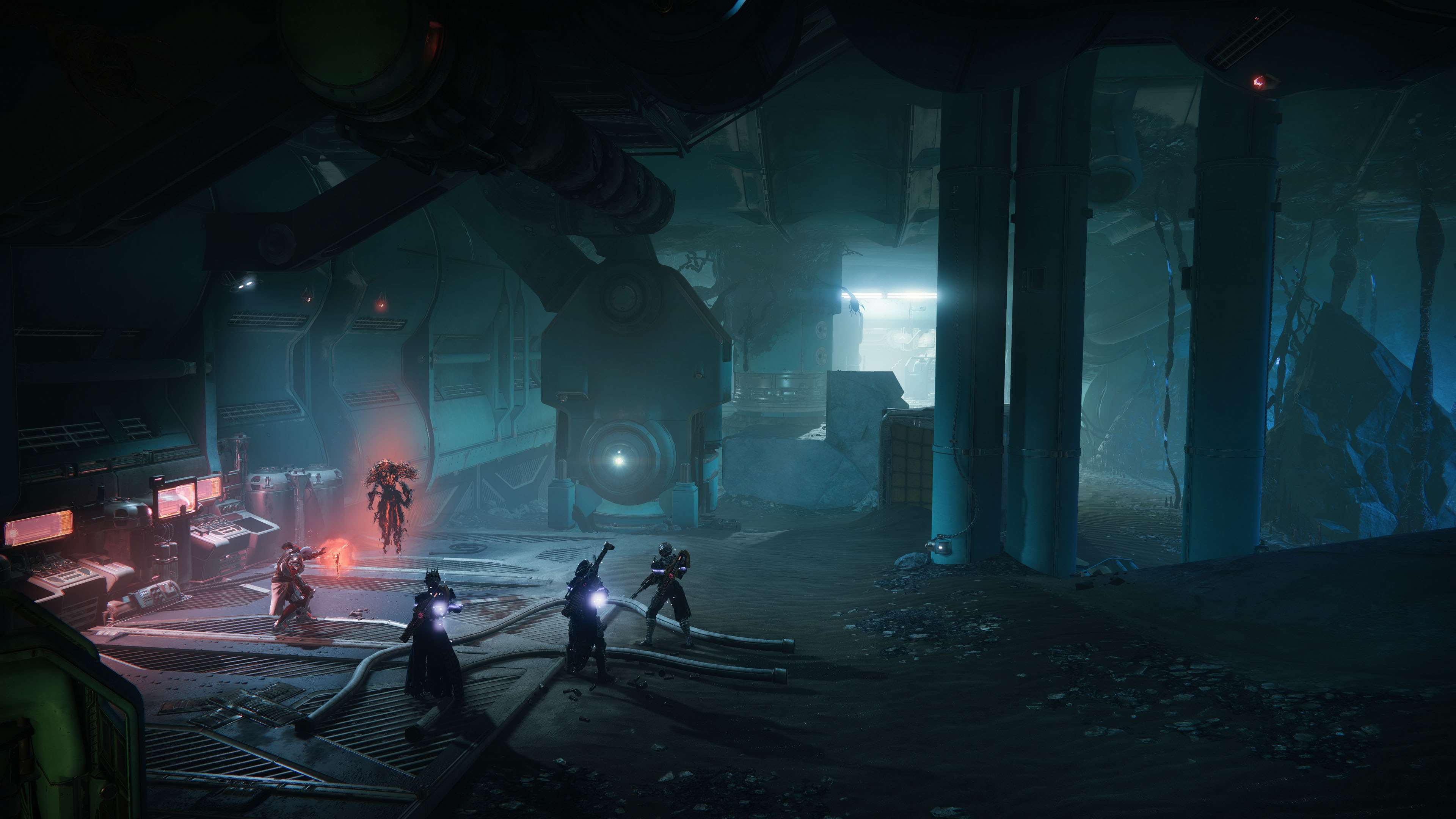 A group of Guardians stand around in the Leviathan’s underbelly