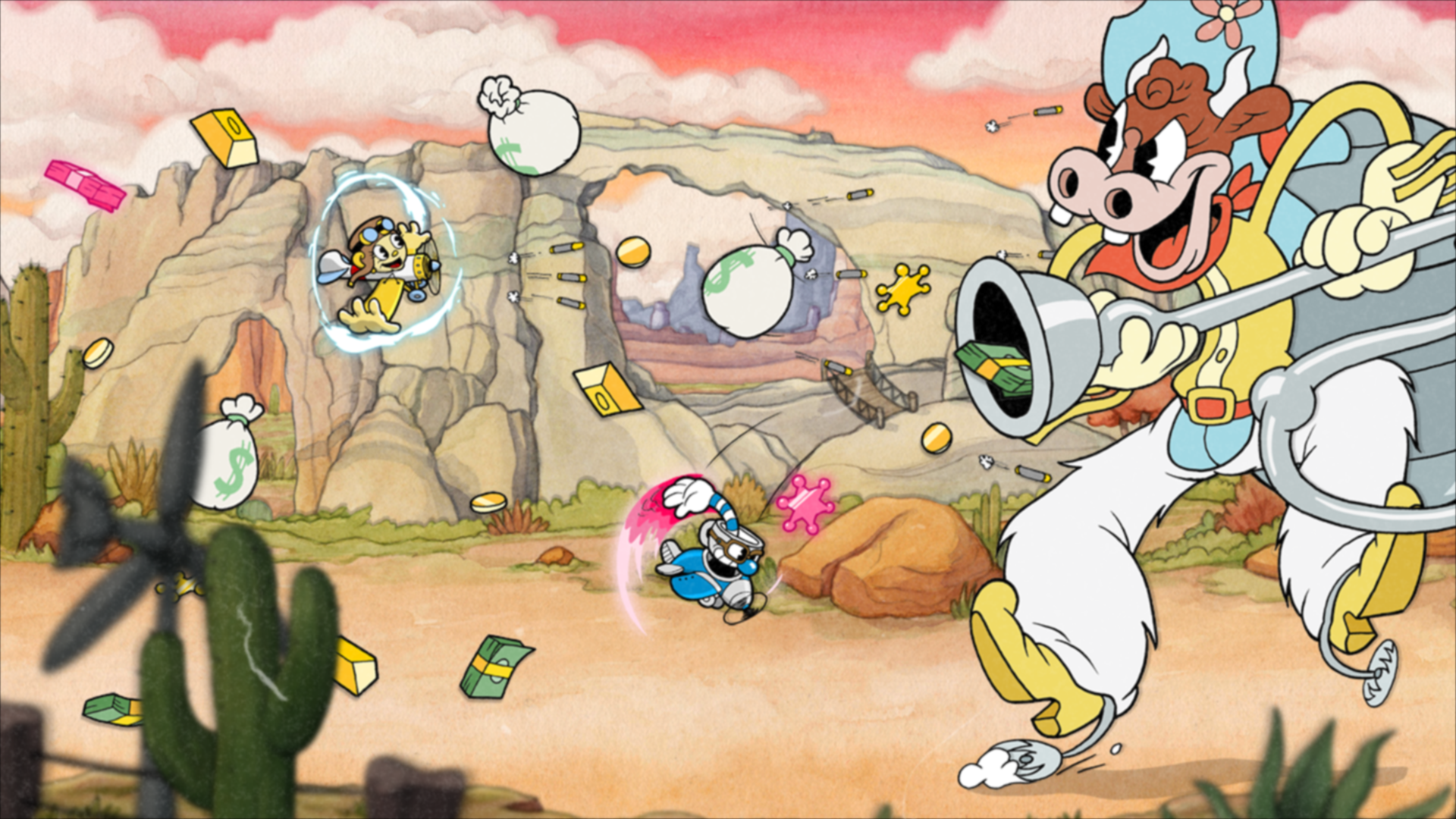 A character in Cuphead fights a giant cow with a vacuum cleaner. The character is flying a plane.