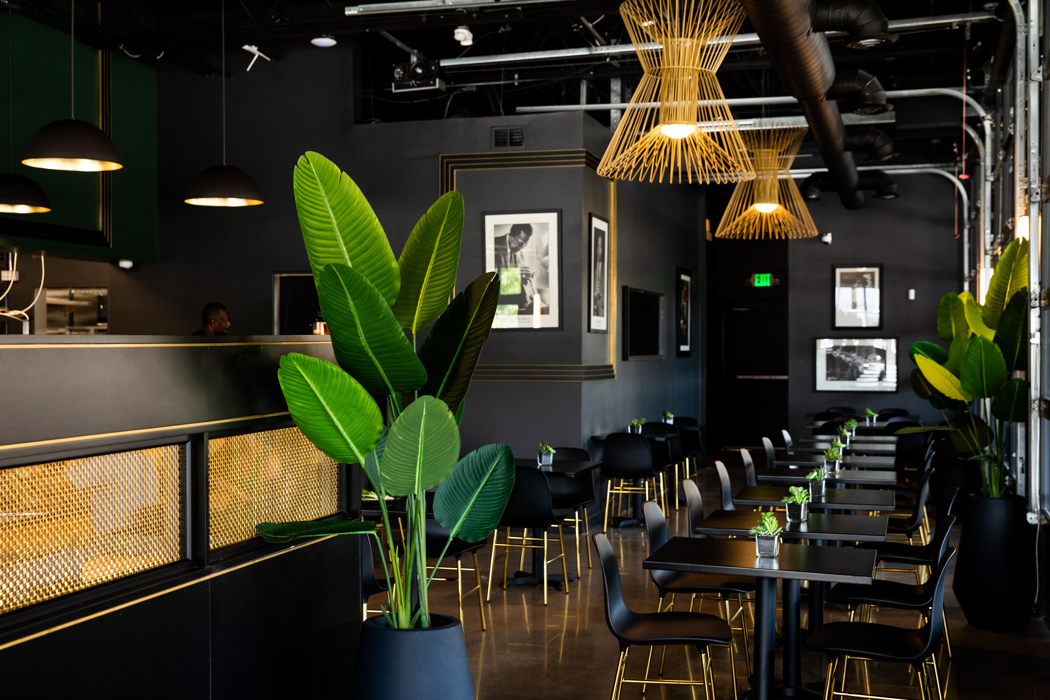 The interior of a restaurant with black walls, black seating, gold accents, and a green plant